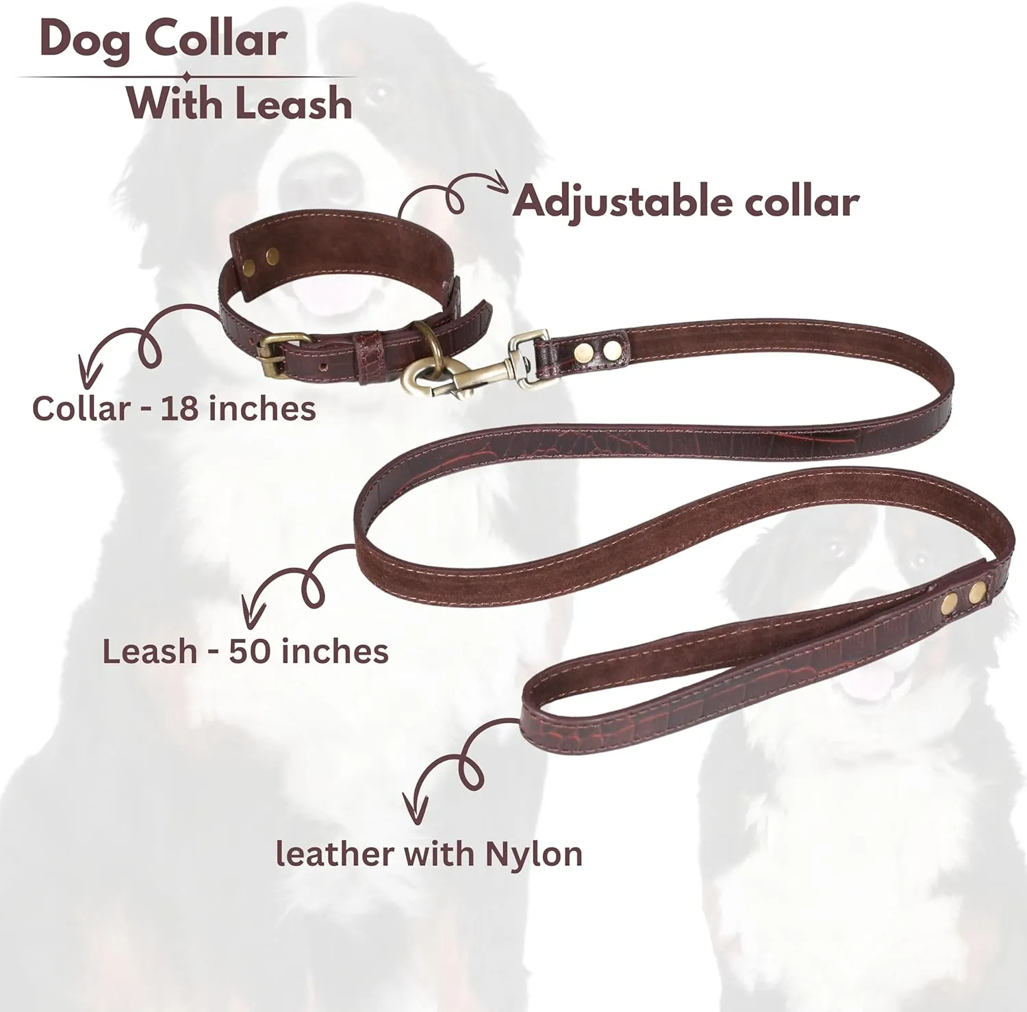 Genuine Leather Dog Collar and Leash Set with Metal Buckle - Soft, Comfortable, Durable Adjustable Collar and Leash Combo, Premium Pet Accessories, 18 Inch Collar, 50 Inch Leash, Dark Brown