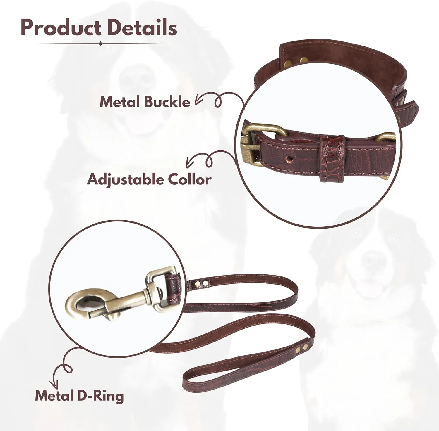 Genuine Leather Dog Collar and Leash Set with Metal Buckle - Soft, Comfortable, Durable Adjustable Collar and Leash Combo, Premium Pet Accessories, 18 Inch Collar, 50 Inch Leash, Dark Brown