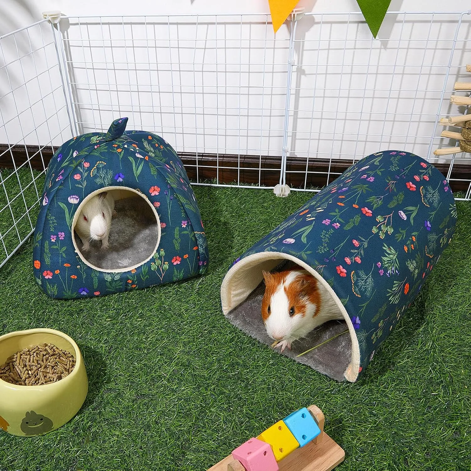 Glittme Guinea Pig Hideout, Soft Bed and Tunnel, 2 Pack Washable Tunnel with House Accessories for Hamster, Rabbit, Bunny, Small Animal