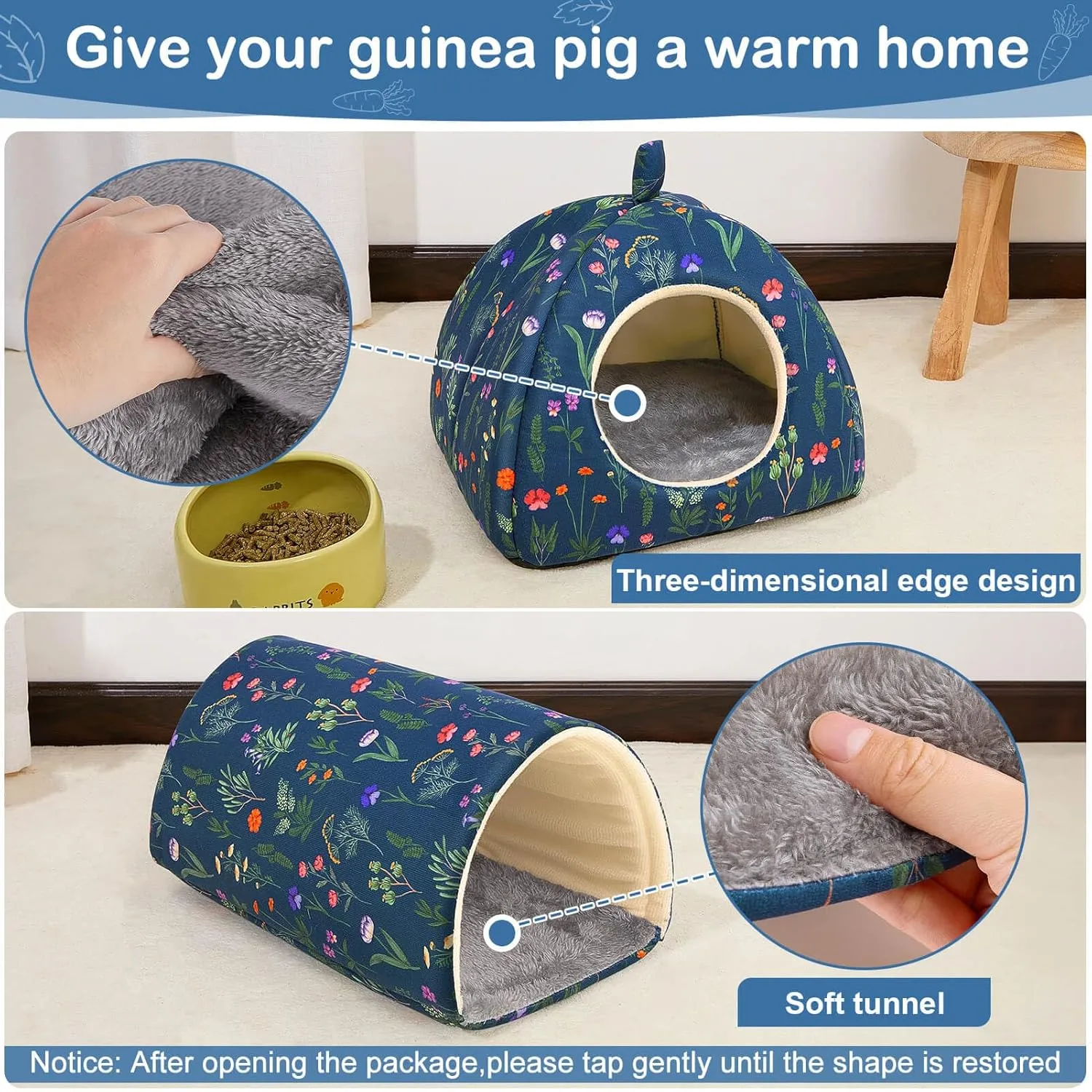 Glittme Guinea Pig Hideout, Soft Bed and Tunnel, 2 Pack Washable Tunnel with House Accessories for Hamster, Rabbit, Bunny, Small Animal