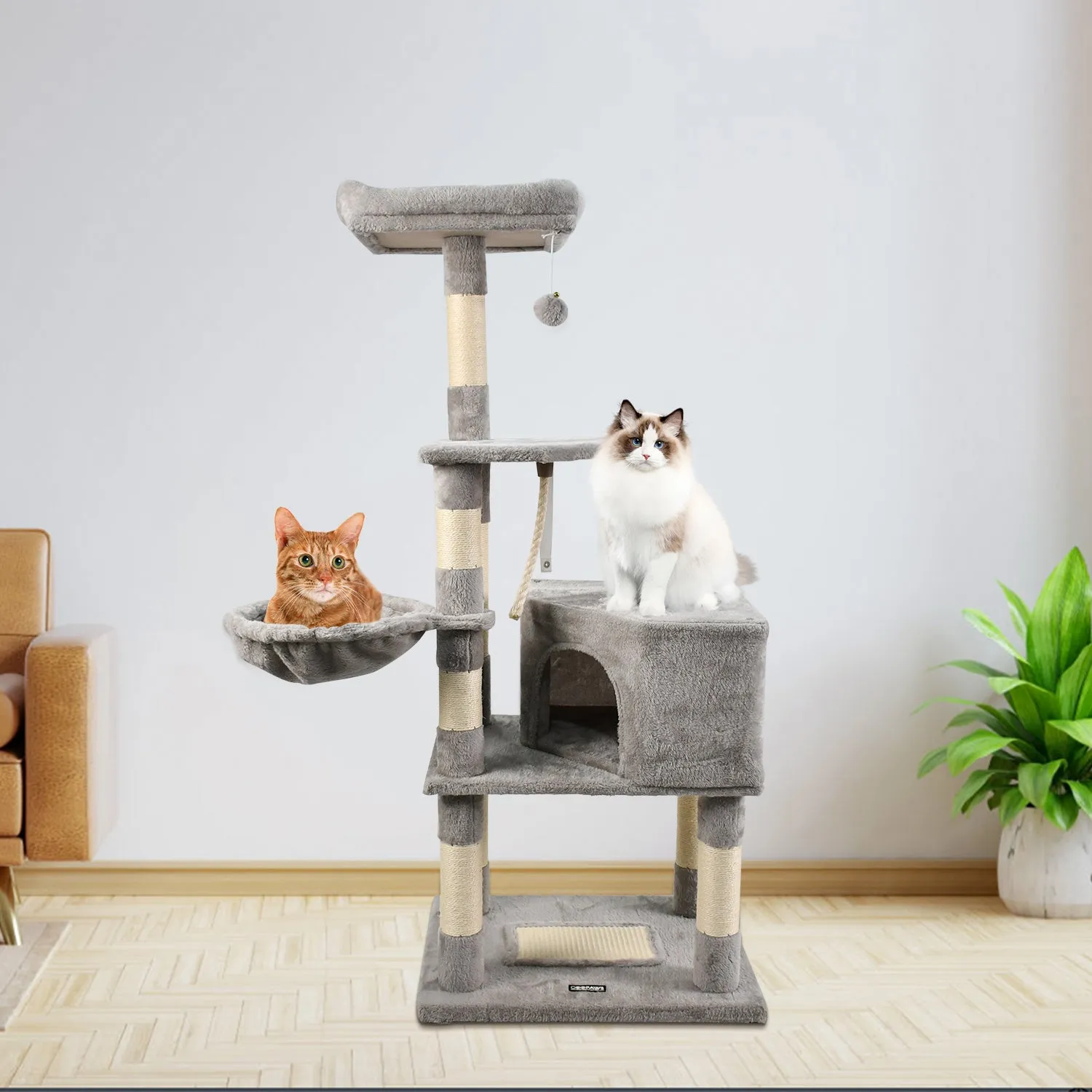 GOOPAWS 53-in Faux Fur Top Perch Cat Tree & Condo, Grey