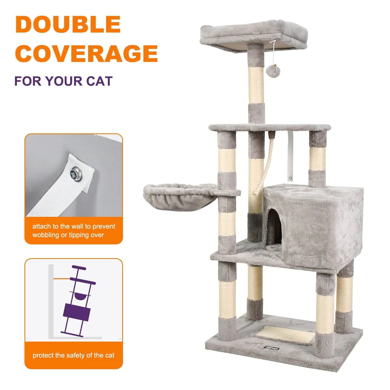 GOOPAWS 53-in Faux Fur Top Perch Cat Tree & Condo, Grey