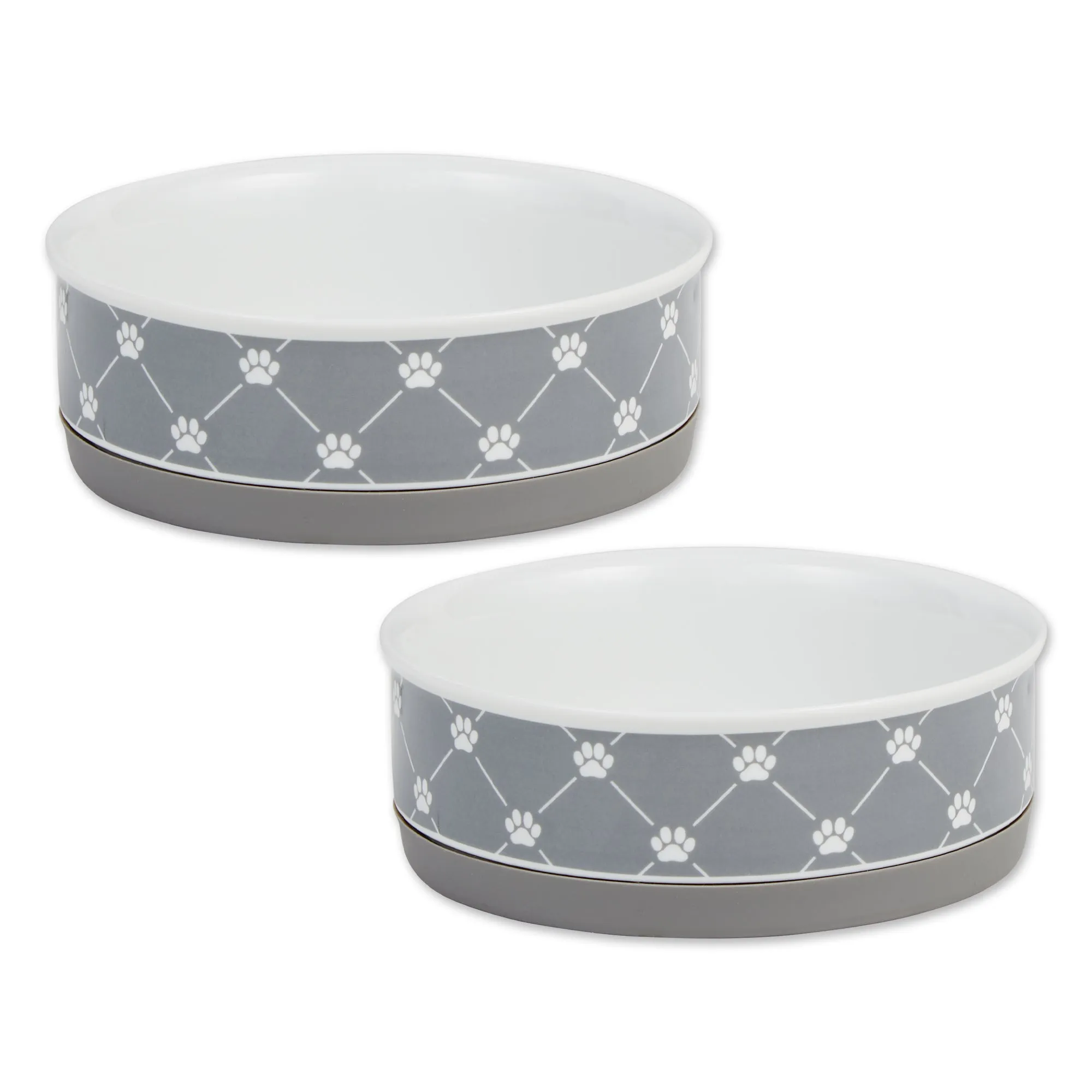 Gray Trellis Paw Print Pet Bowl Set/2, Medium - 1.5 C. Capacity