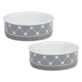 Gray Trellis Paw Print Pet Bowl Set/2, Medium - 1.5 C. Capacity