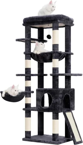 Hey-brother Cat Tree Tower, Scratching Posts with Condo, Large Hammock and Bed, Sisal Scratch Board, Basket, Multi-Leval for Big Indoor Cats, 60 inches, Smoky Gray MPJ057G