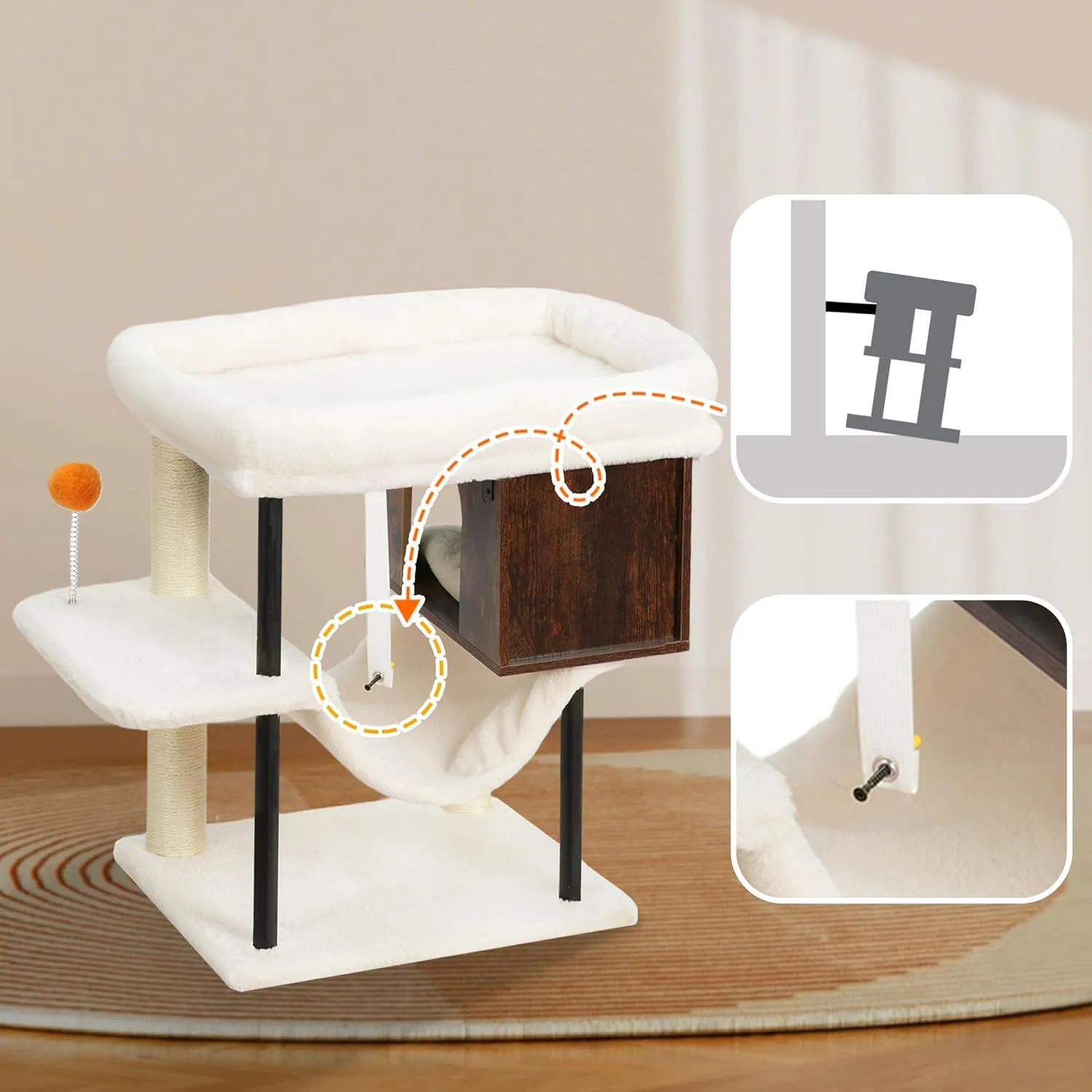 Heybly Cat Tree Tower, Wooden Cat Condo Cave for Indoor Kittens, Large Platform for Adult Cat, Big Padded Perch for Maine Coon, Furniture with 2 Sisal Posts, Hammocks, Ball, Rustic Brown HCT017SR
