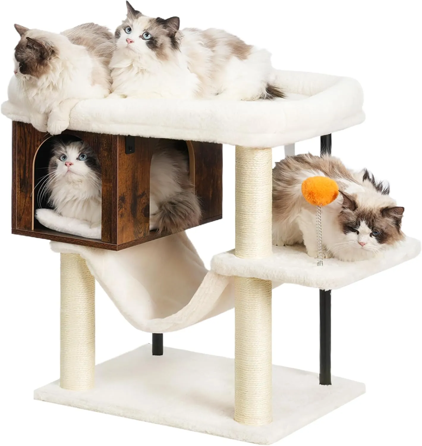 Heybly Cat Tree Tower, Wooden Cat Condo Cave for Indoor Kittens, Large Platform for Adult Cat, Big Padded Perch for Maine Coon, Furniture with 2 Sisal Posts, Hammocks, Ball, Rustic Brown HCT017SR