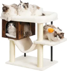 Heybly Cat Tree Tower, Wooden Cat Condo Cave for Indoor Kittens, Large Platform for Adult Cat, Big Padded Perch for Maine Coon, Furniture with 2 Sisal Posts, Hammocks, Ball, Rustic Brown HCT017SR