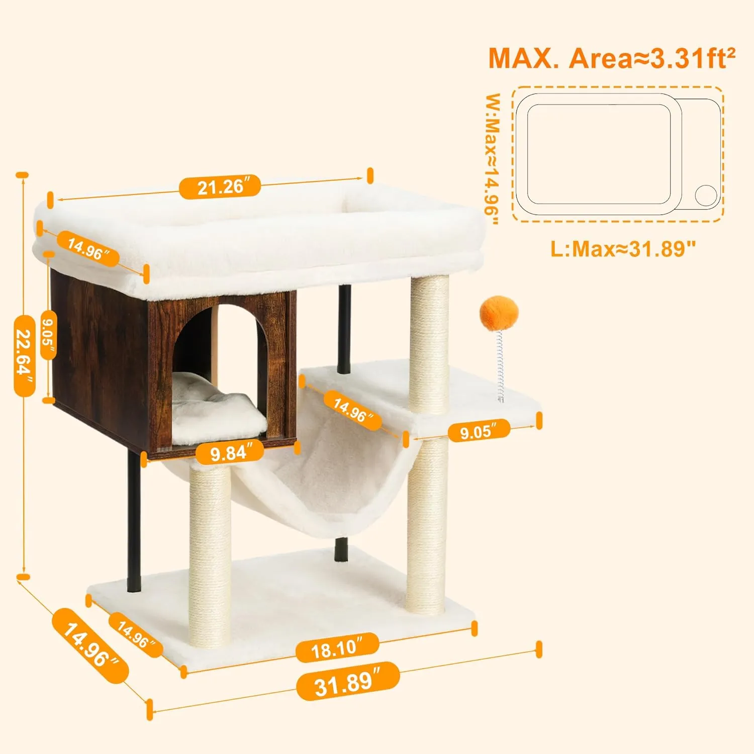 Heybly Cat Tree Tower, Wooden Cat Condo Cave for Indoor Kittens, Large Platform for Adult Cat, Big Padded Perch for Maine Coon, Furniture with 2 Sisal Posts, Hammocks, Ball, Rustic Brown HCT017SR