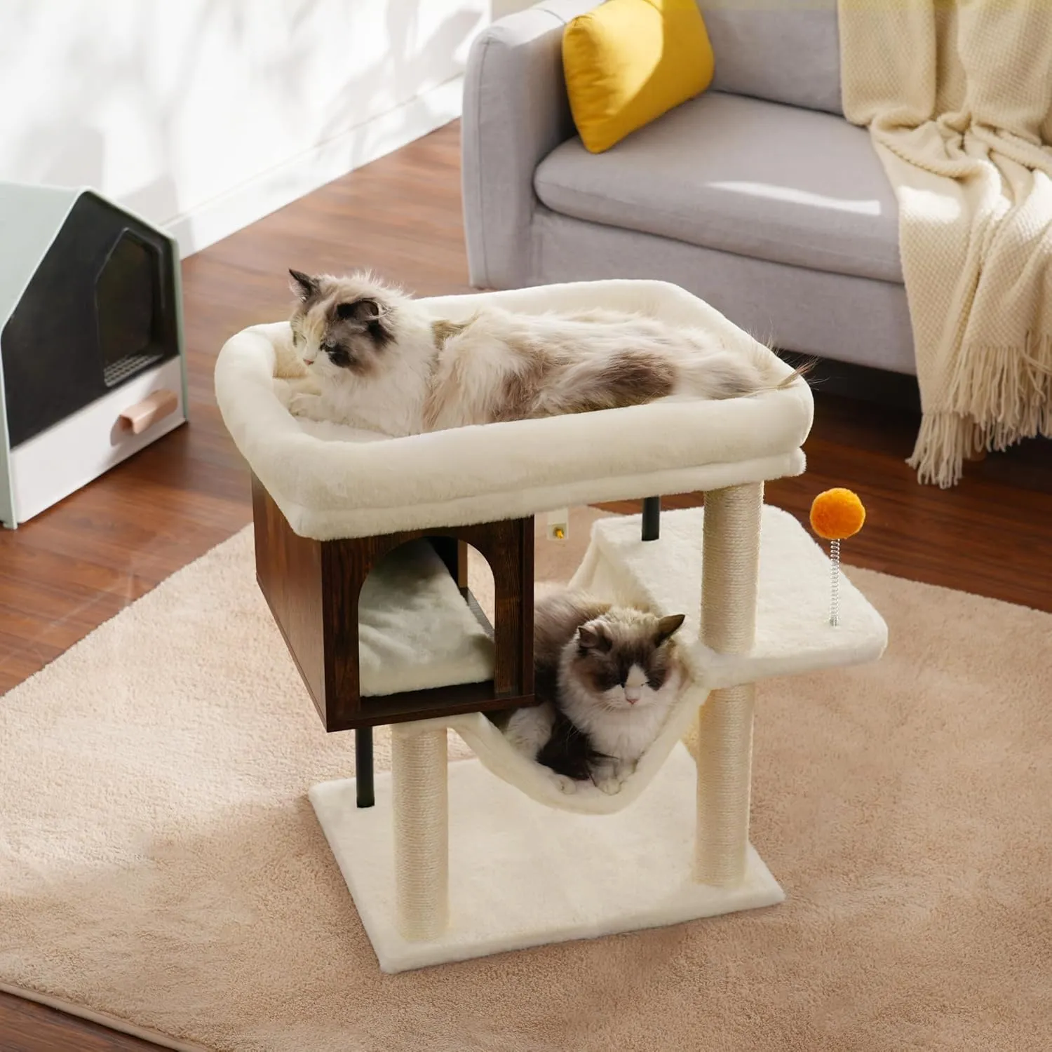 Heybly Cat Tree Tower, Wooden Cat Condo Cave for Indoor Kittens, Large Platform for Adult Cat, Big Padded Perch for Maine Coon, Furniture with 2 Sisal Posts, Hammocks, Ball, Rustic Brown HCT017SR