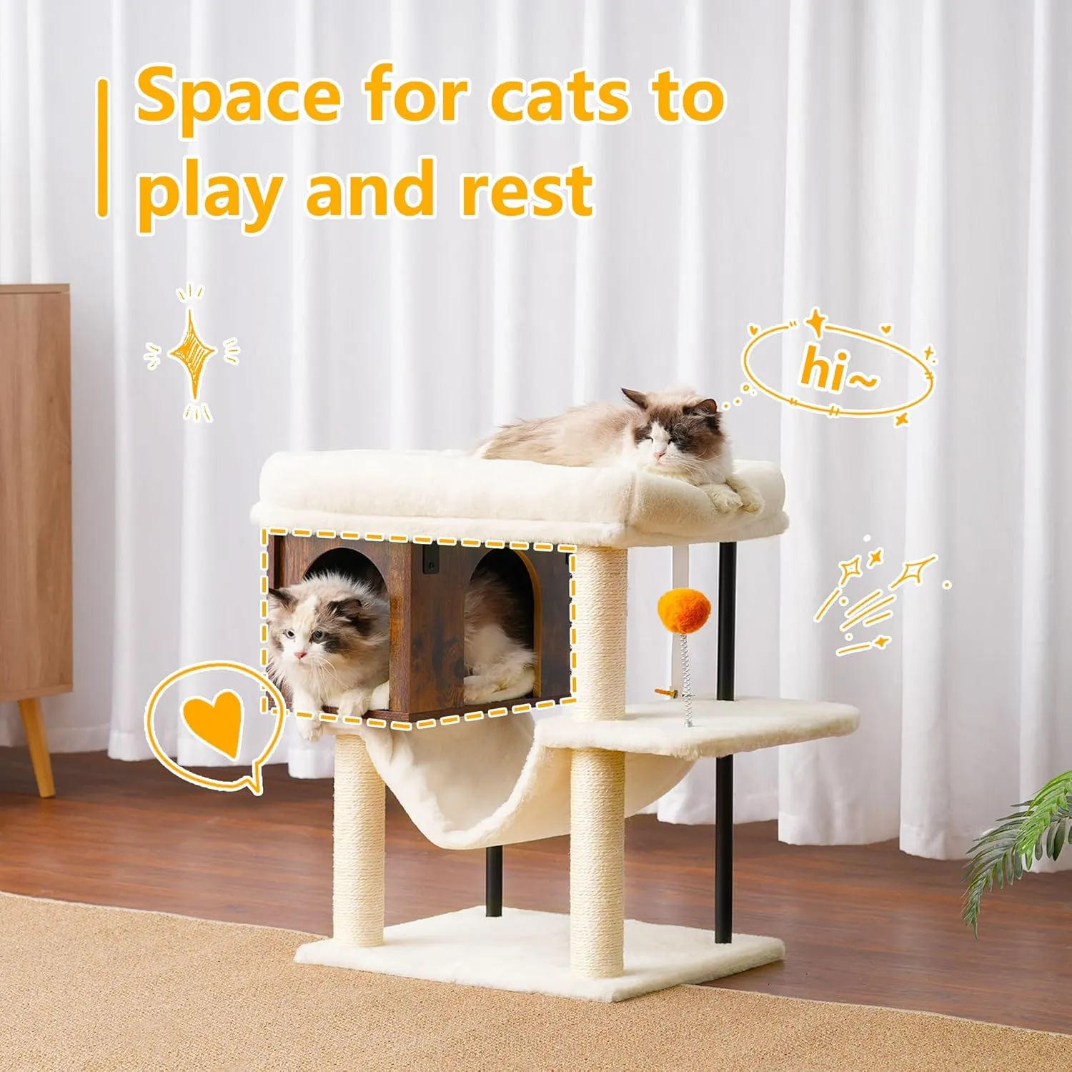 Heybly Cat Tree Tower, Wooden Cat Condo Cave for Indoor Kittens, Large Platform for Adult Cat, Big Padded Perch for Maine Coon, Furniture with 2 Sisal Posts, Hammocks, Ball, Rustic Brown HCT017SR