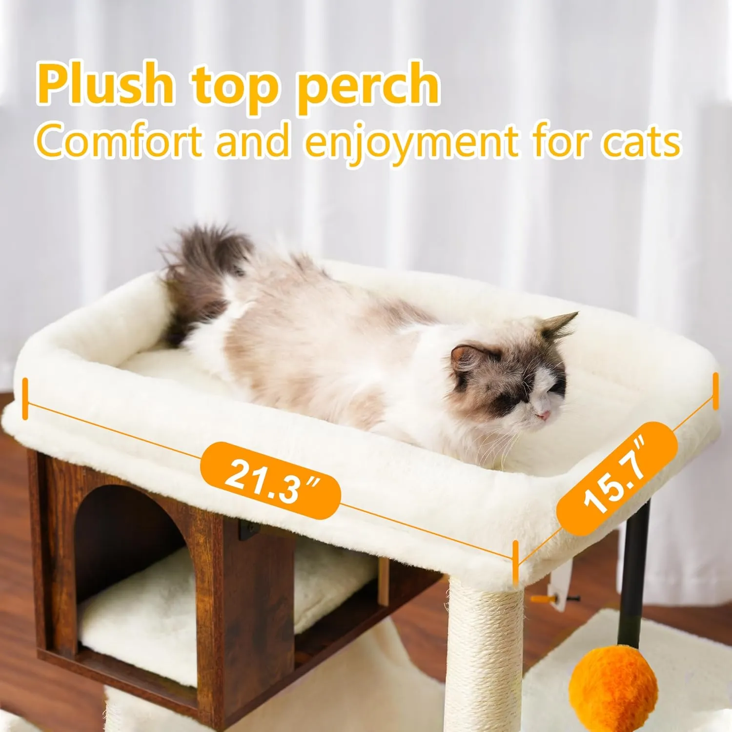Heybly Cat Tree Tower, Wooden Cat Condo Cave for Indoor Kittens, Large Platform for Adult Cat, Big Padded Perch for Maine Coon, Furniture with 2 Sisal Posts, Hammocks, Ball, Rustic Brown HCT017SR