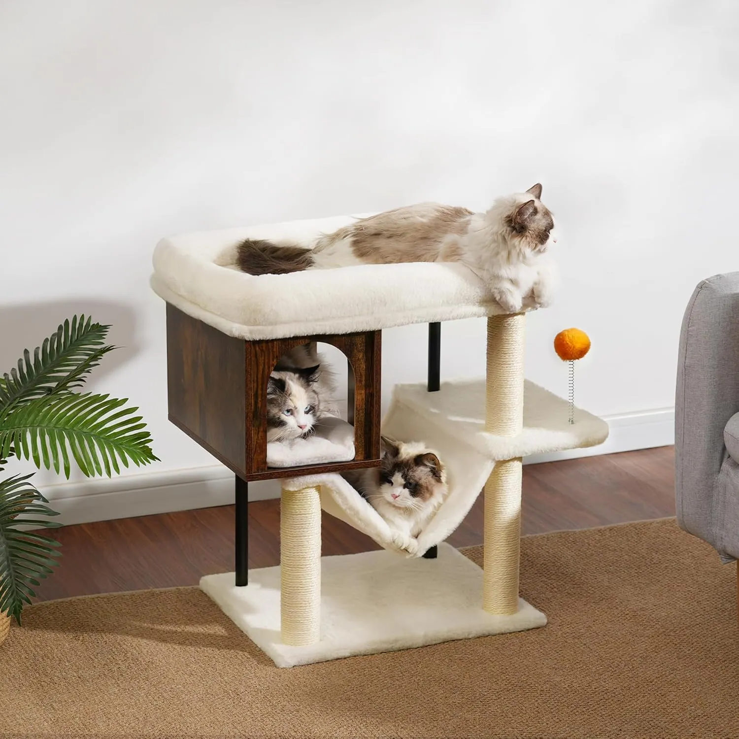 Heybly Cat Tree Tower, Wooden Cat Condo Cave for Indoor Kittens, Large Platform for Adult Cat, Big Padded Perch for Maine Coon, Furniture with 2 Sisal Posts, Hammocks, Ball, Rustic Brown HCT017SR