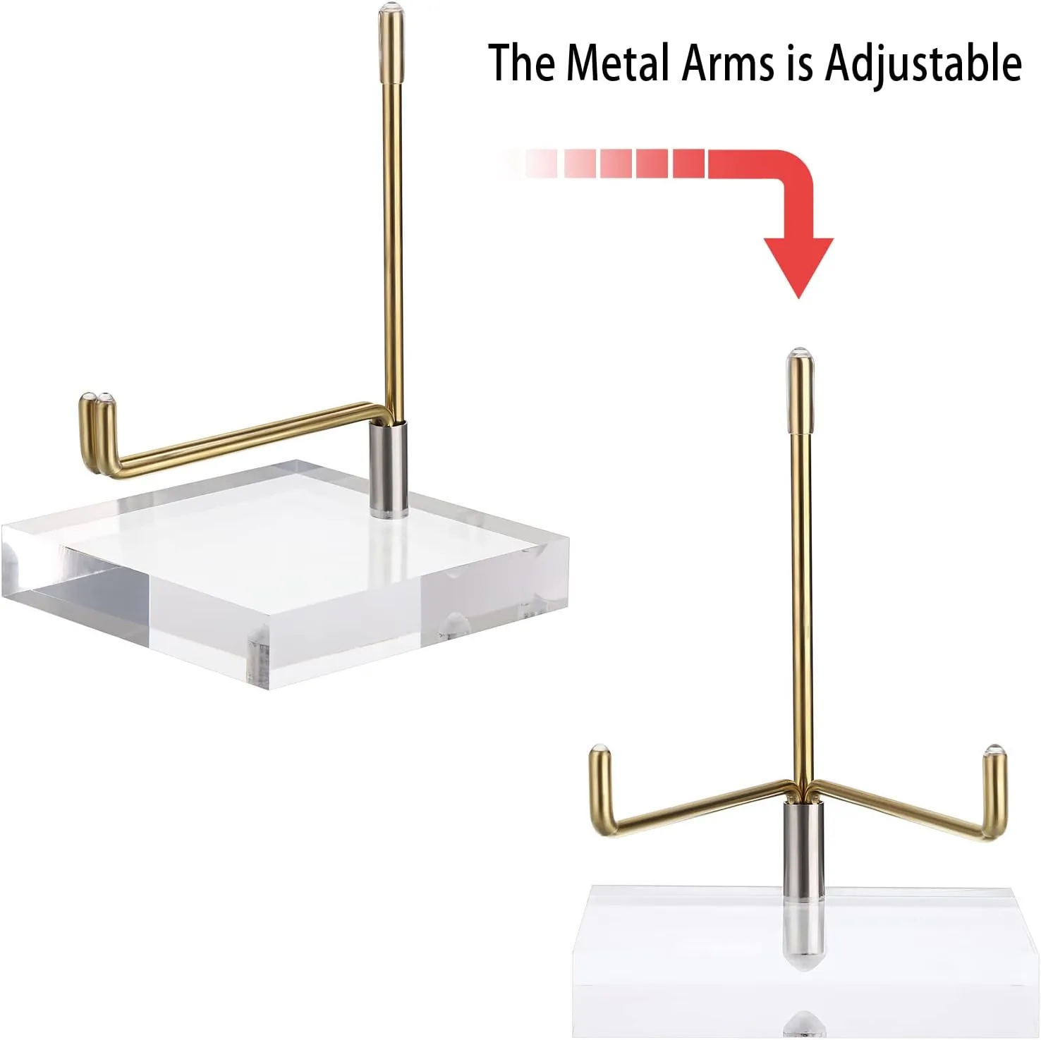 Hipiwe Clear Acrylic Display Stand Holder with Adjustable Metal Arms Display Easel Stands for Gemstones Fossils Minerals Agate Slabs Plates Crystals Saucers Collectibles, 3.1x3.1x4.5 inch