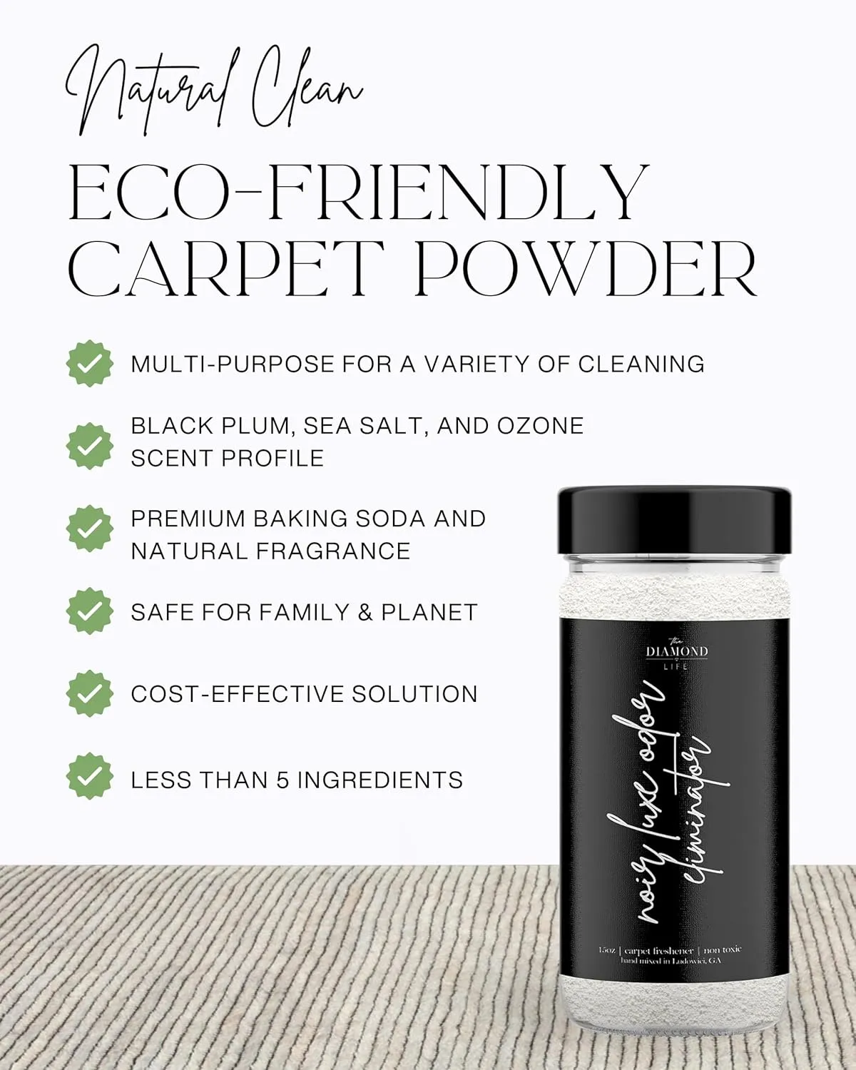 Home "Noir Luxe" Eco-Friendly Carpet Powder/Upholstery Deodorizer  Black Plum, Sea Salt, and Ozone  Eliminates Odors Naturally, Cat Litter/Dog Bed Pet-Friendly, 15 oz