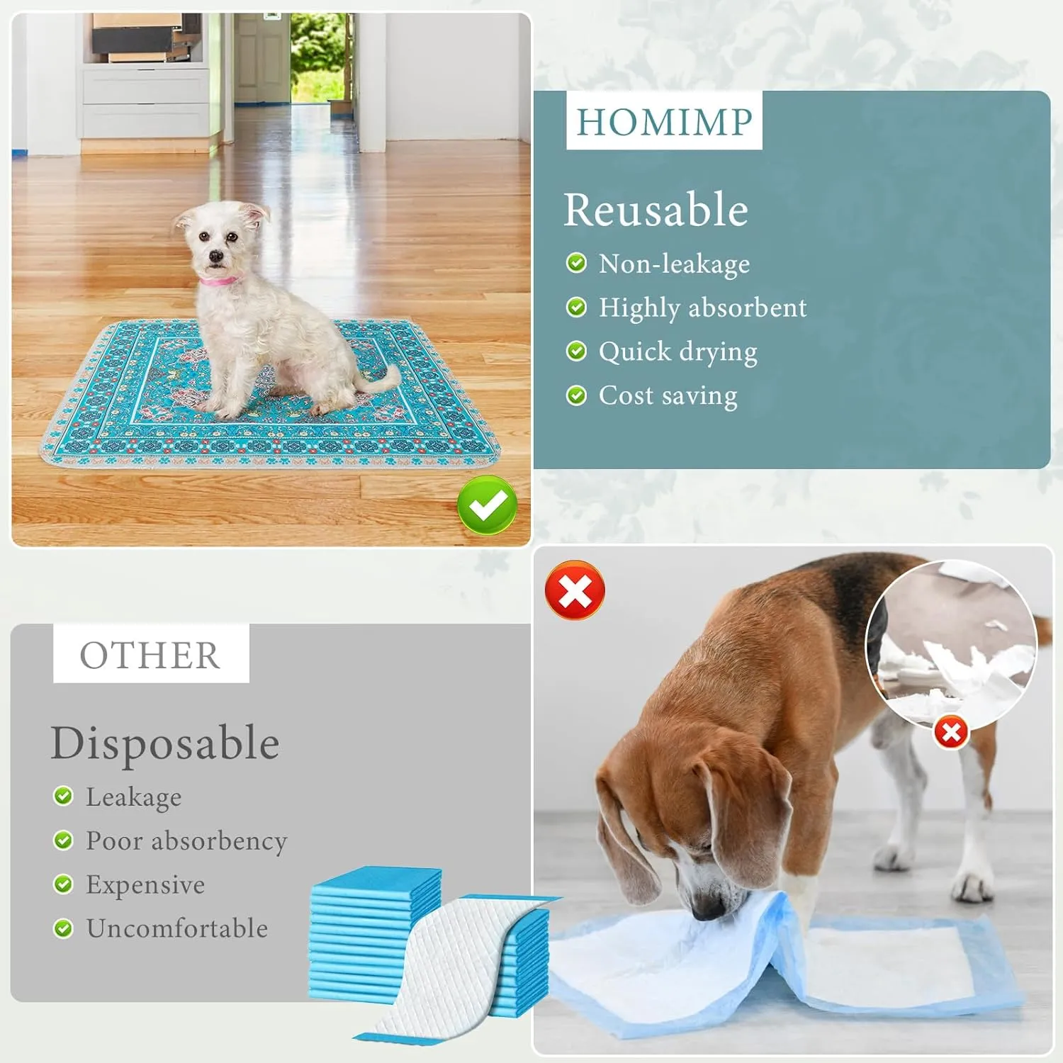 Homimp Washable Pee Pads for Dogs, 4 Pack Reusable Puppy Pads, Absorbent and Leakproof Dog Pee Pads, Non Slip Puppy Training Pads, Pet Mat for Floor, Crate, Couch, Whelping, 18"x24"