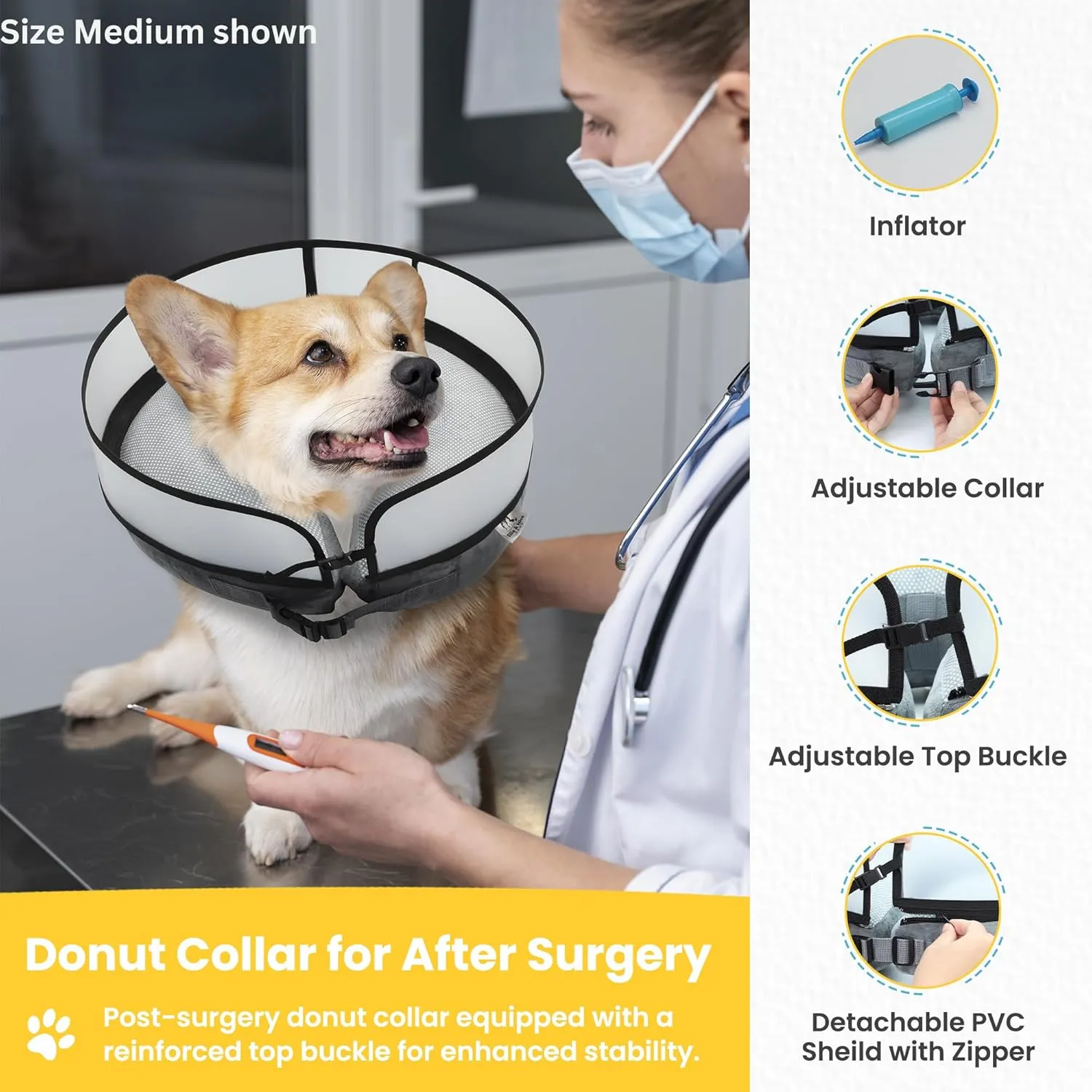 Inflatable Dog Cone Collar w/Pump - Large Dog Donut Collar After Surgery - Washable Dog Cone Collar w/Removable Soft Cone for Dogs After Surgery- Dog Cone Alternative After Surgery w/Soft Cover