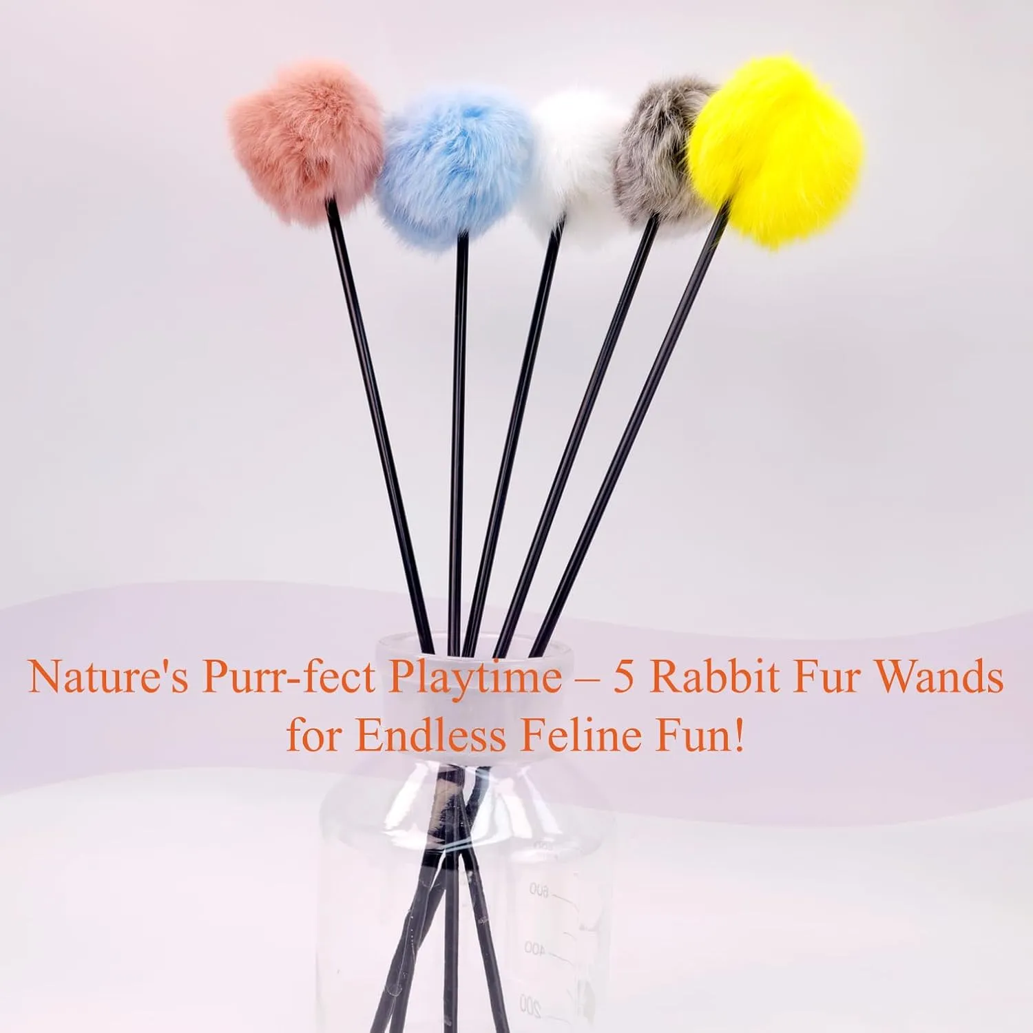 Interactive Rabbit Fur Cat Teaser Wand Set  5-Pack Assorted Colors, 17-inch Plastic Rod with 4-inch Fur Ball, Engaging Feather Toys for Indoor Cats