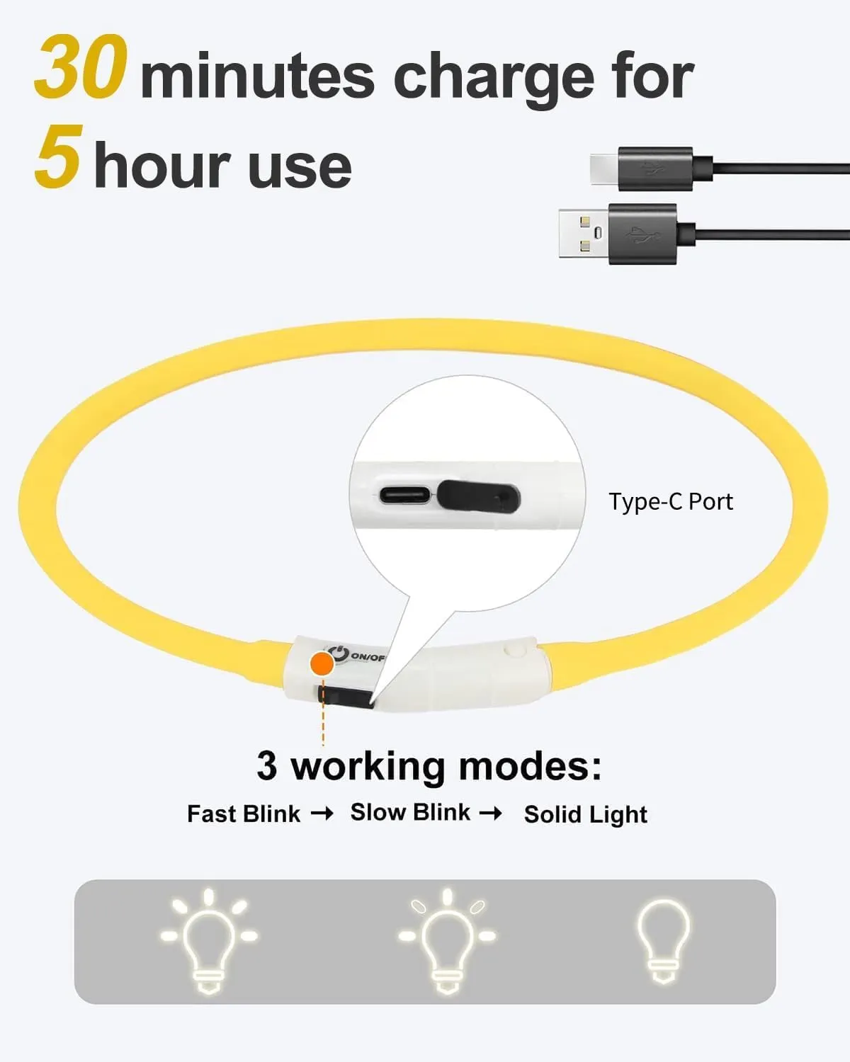 Joytale Light Up Dog Collar, Rechargeable Rainproof LED Collar for Night Walking Safety, Soft Silicone Glow in The Dark, Suitable for Small Medium Large Dogs, Yellow