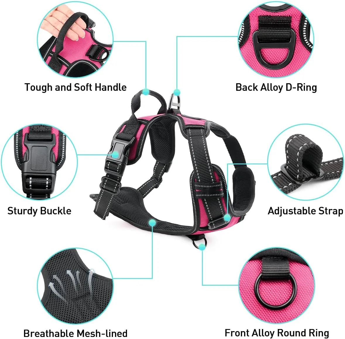 Joytale No Pull Dog Harness for Large Dogs, Reflective Pet Vest with Front Clip, Adjustable Soft Padded Harnesses with Easy Control Handle for Training and Walking, Hot Pink, L