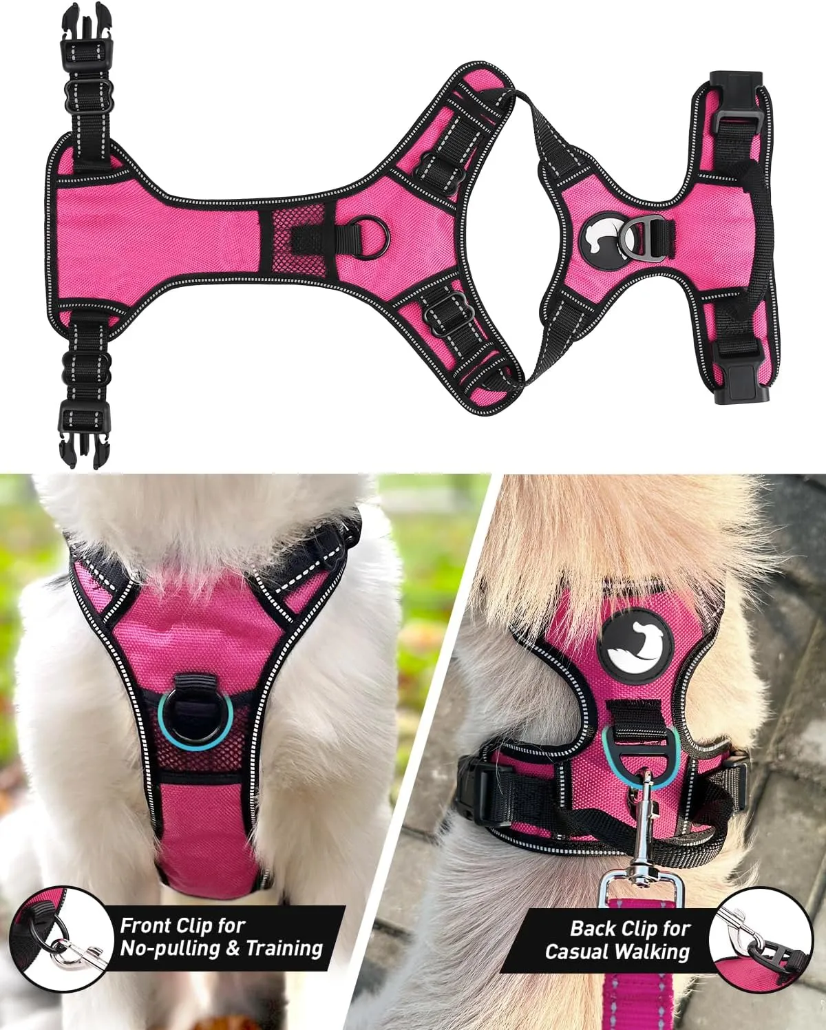 Joytale No Pull Dog Harness for Large Dogs, Reflective Pet Vest with Front Clip, Adjustable Soft Padded Harnesses with Easy Control Handle for Training and Walking, Hot Pink, L