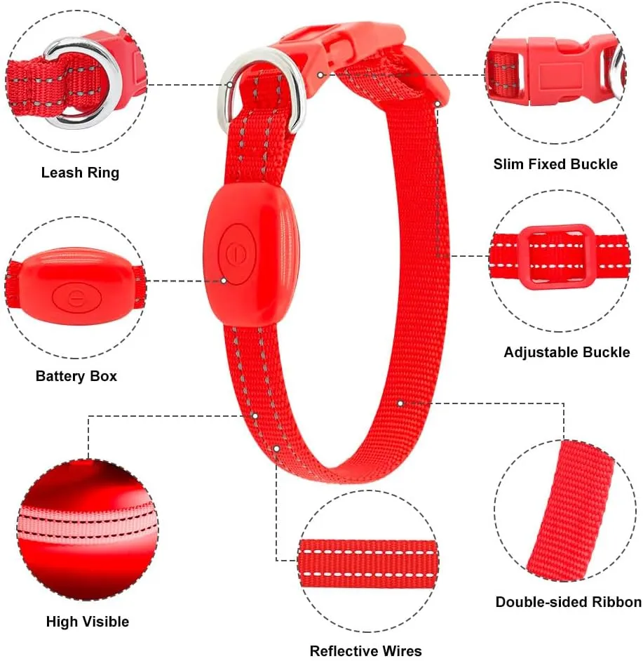 Light Up Dog Collar for Small Dogs - Rechargeable Puppy LED Collar Glowing Dog Lights for Night Walking (X-Small, Red)