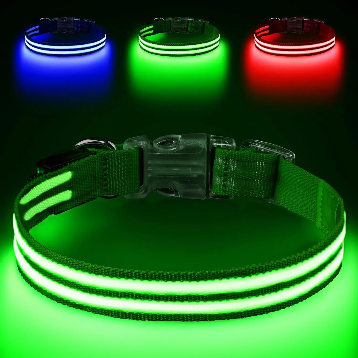 Light Up Dog Collar Rechargable,Reflective LED Collars for Small Medium Large Dogs,Lighted Dog Collars Lights for Night Walking-Waterproof,Green,M