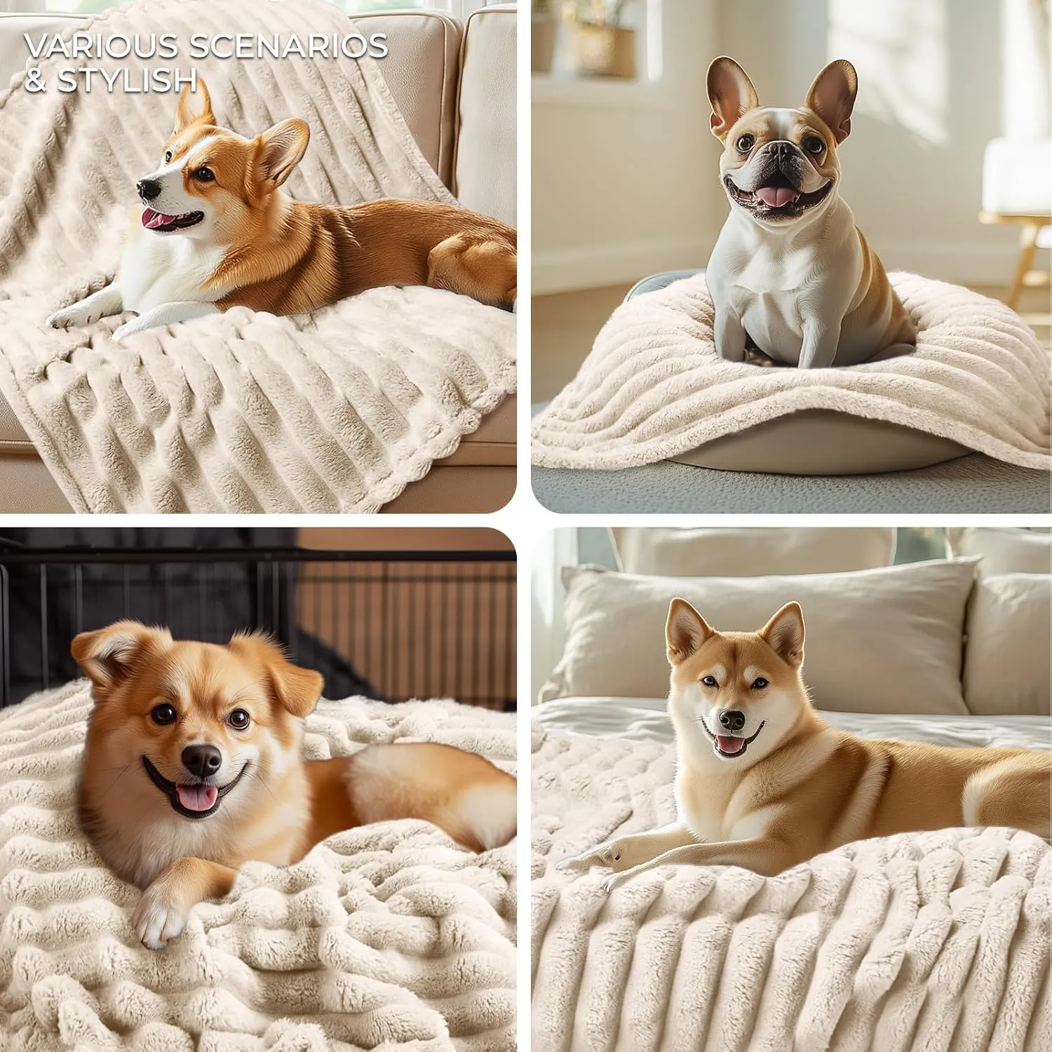 LINENLUX 1 Pack 3 Soft Fleece Dog Blanket for Pet Washable Warm Cat Puppy Fluffy Calming Flannel Beige Large