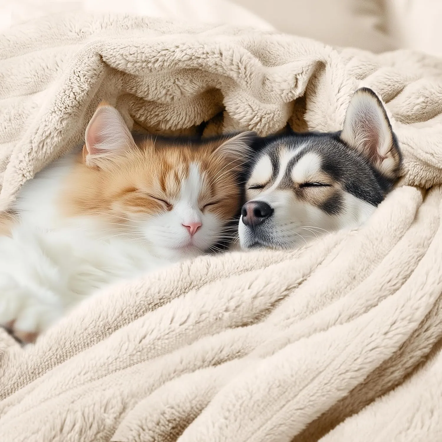 LINENLUX 1 Pack 3 Soft Fleece Dog Blanket for Pet Washable Warm Cat Puppy Fluffy Calming Flannel Beige Large