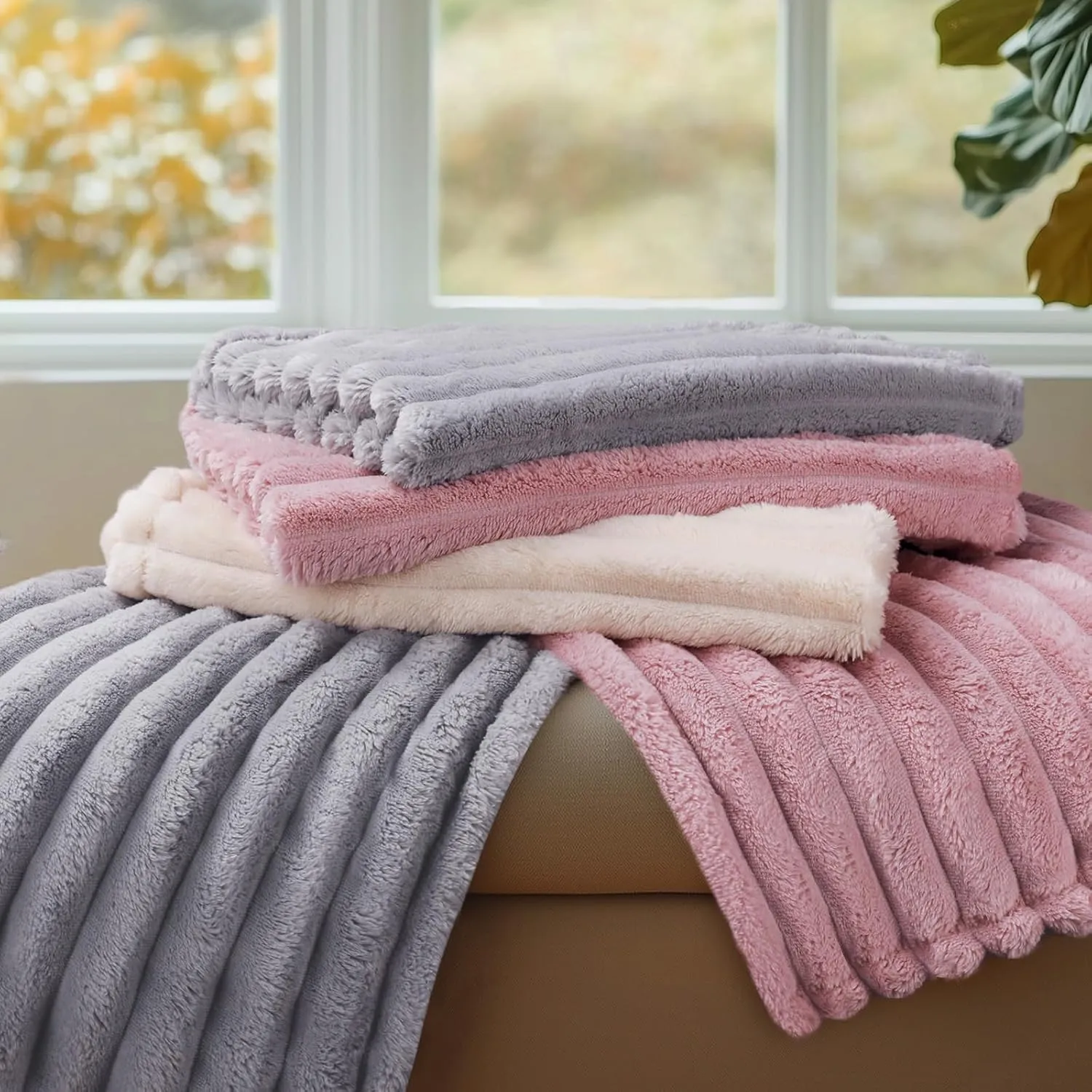 LINENLUX 1 Pack 3 Soft Fleece Dog Blanket for Pet Washable Warm Cat Puppy Fluffy Calming Flannel Beige Large