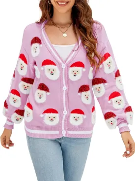 LUBOT Ugly Christmas Sweater for Women Christmas Cardigans Long Sleeve V Neck/Crewneck Xmas Button Down Knit Sweaters