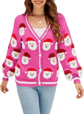 LUBOT Ugly Christmas Sweater for Women Christmas Cardigans Long Sleeve V Neck/Crewneck Xmas Button Down Knit Sweaters