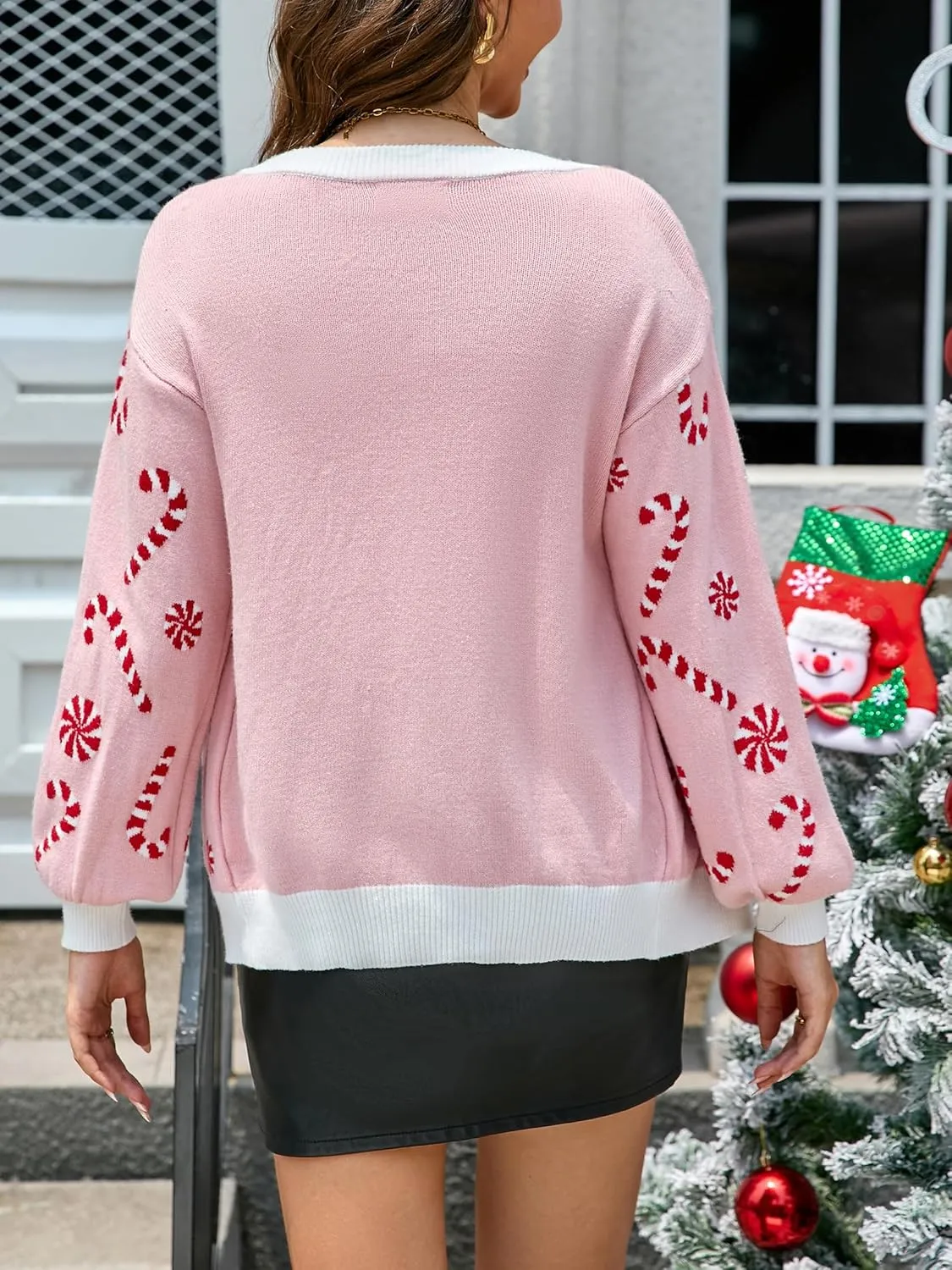 LUBOT Ugly Christmas Sweater for Women Christmas Cardigans Long Sleeve V Neck/Crewneck Xmas Button Down Knit Sweaters