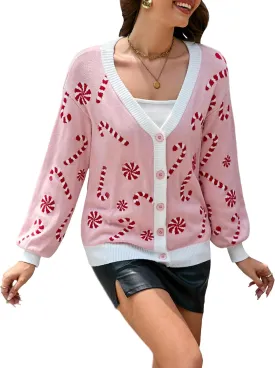 LUBOT Ugly Christmas Sweater for Women Christmas Cardigans Long Sleeve V Neck/Crewneck Xmas Button Down Knit Sweaters