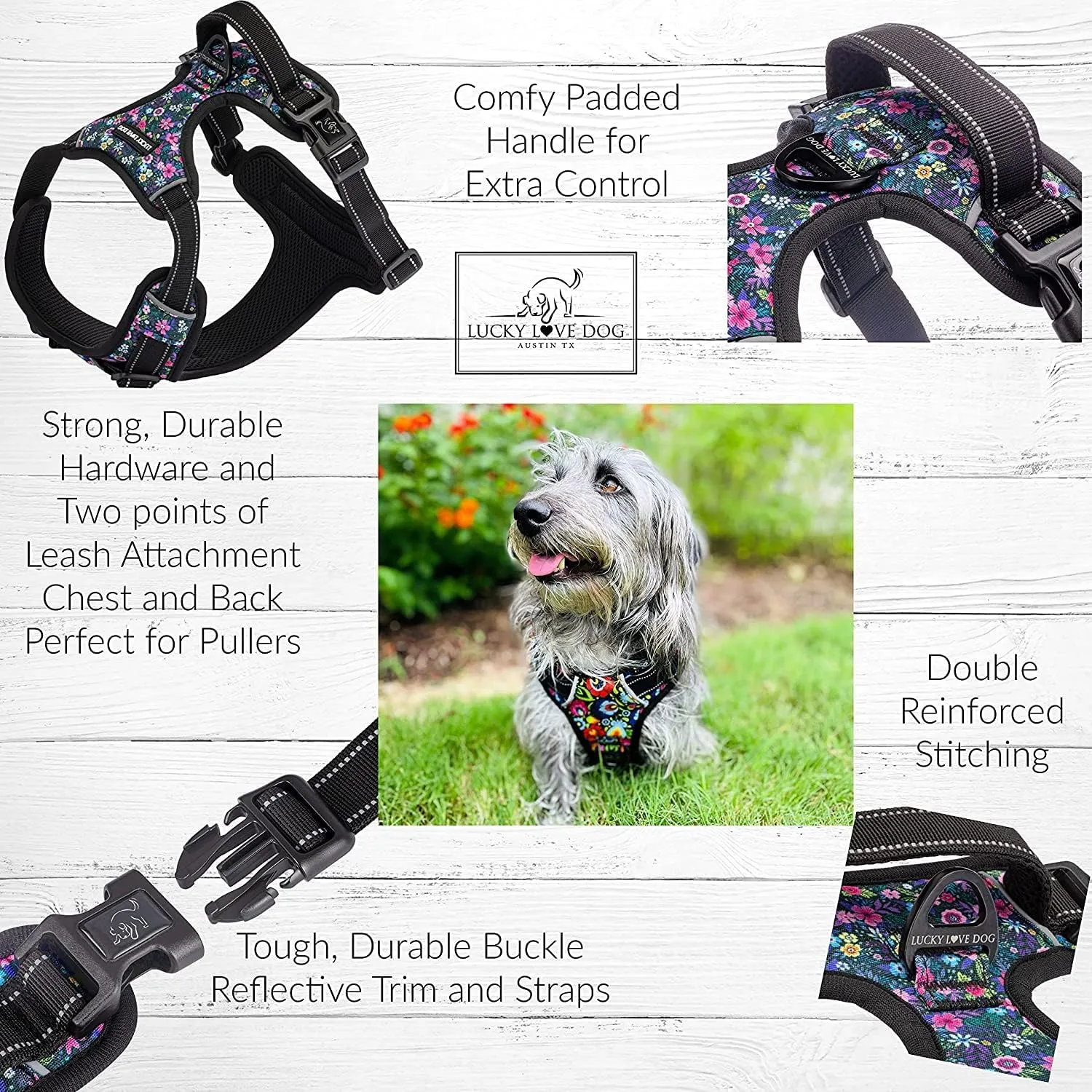 Lucky Love Dog No Pull Dog Harness, Adjustable and Easy to Walk, Cute Patterned Harness for Small Medium Large Male & Female Dogs - Primrose, Small