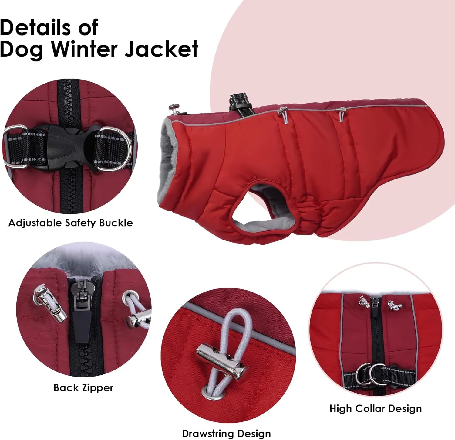 Medium Dog Coat Dog Winter Jacket,Warm Zip Up Snowsuit Dog Harness Vest Reflective Water-Resistant Dog Coat Dog Snow Jacket for Medium Dogs Jack Russell, Mini Schnauzer, Red