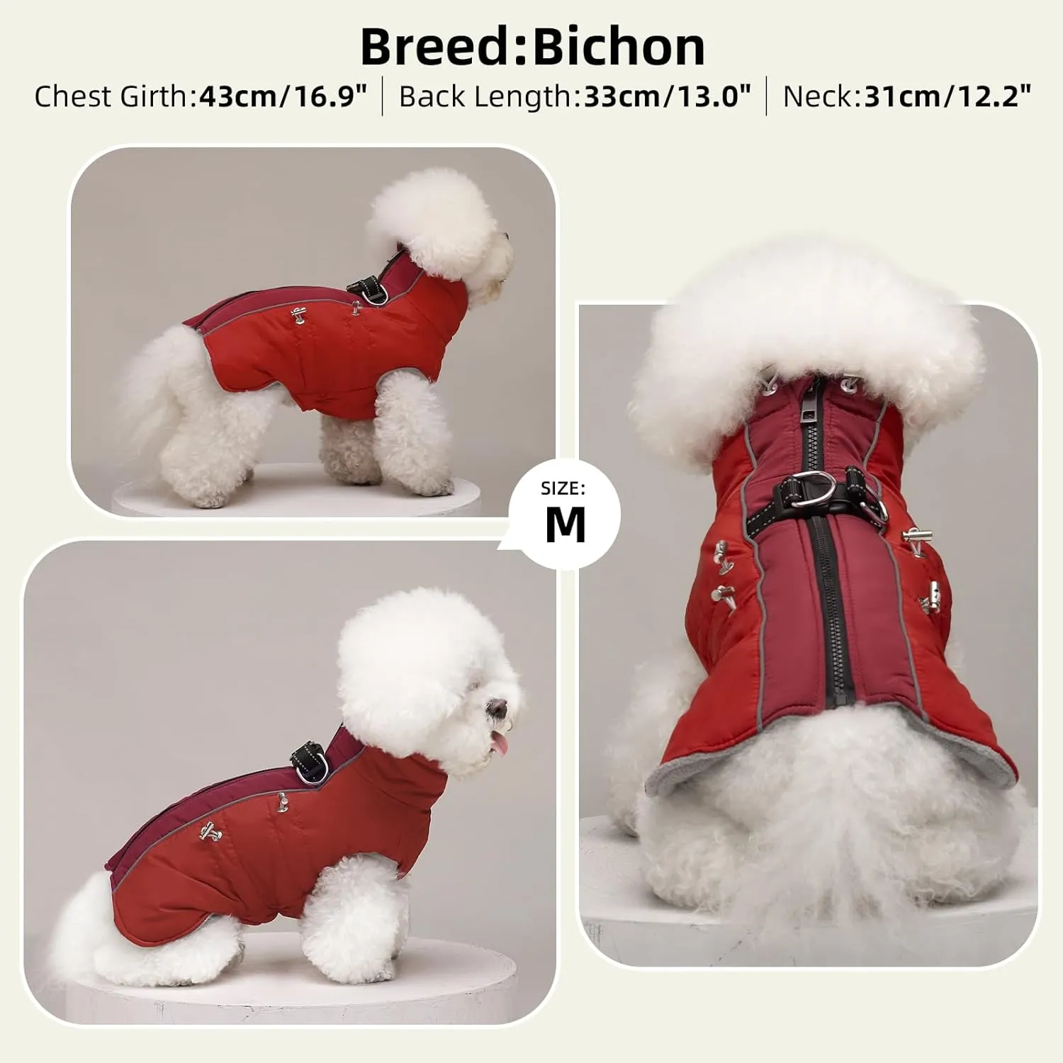 Medium Dog Coat Dog Winter Jacket,Warm Zip Up Snowsuit Dog Harness Vest Reflective Water-Resistant Dog Coat Dog Snow Jacket for Medium Dogs Jack Russell, Mini Schnauzer, Red