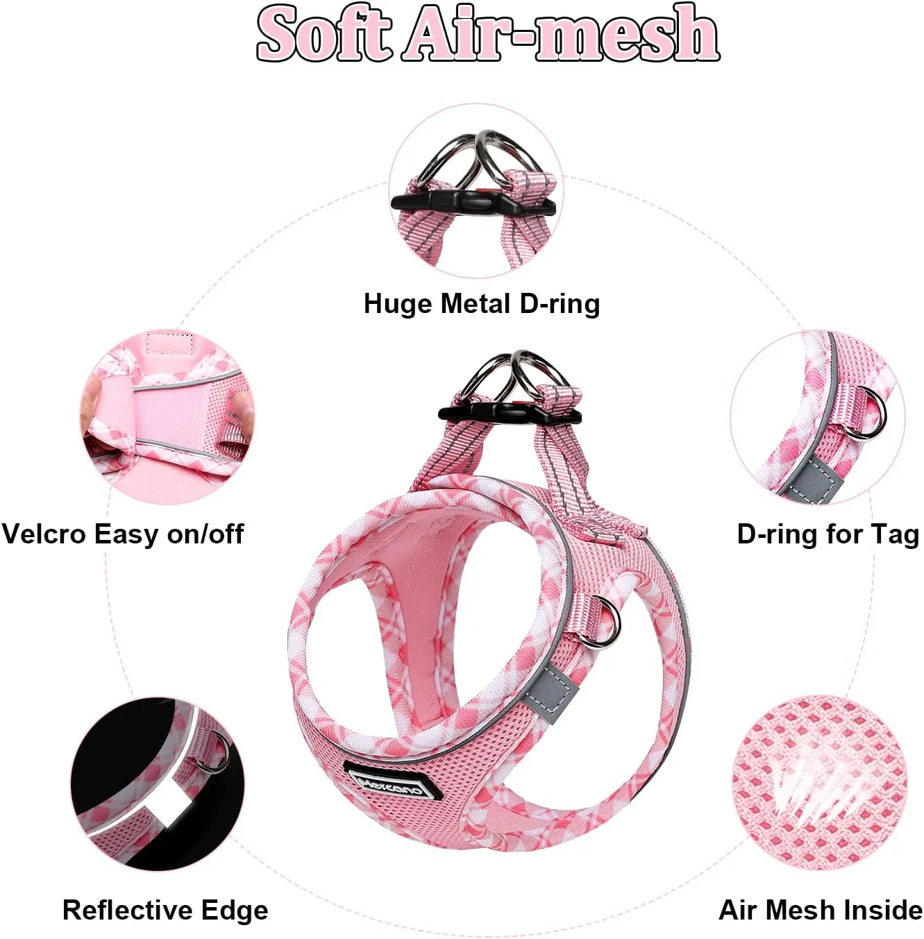 Mercano Soft Mesh Dog Harness and Leash Set, No-Chock Step-in Reflective Breathable Lightweight Easy Walk Vest Harnesses with Safety Buckle for Small Dogs, Cats (Pink, M)
