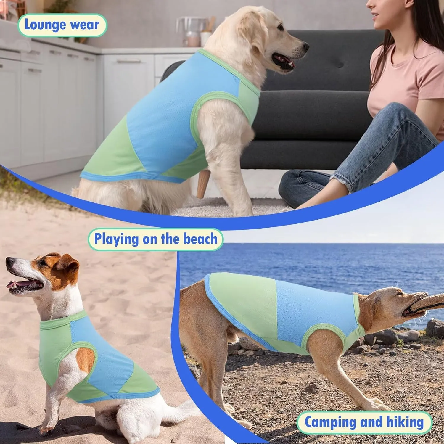 MIGOHI Dog Cooling Shirt, Lightweight Comfortable Clothes for Sensitive Skin, Breathable Dog Sleeveless Clothes, Walking, Park Play, French Bulldog, Green Blue
