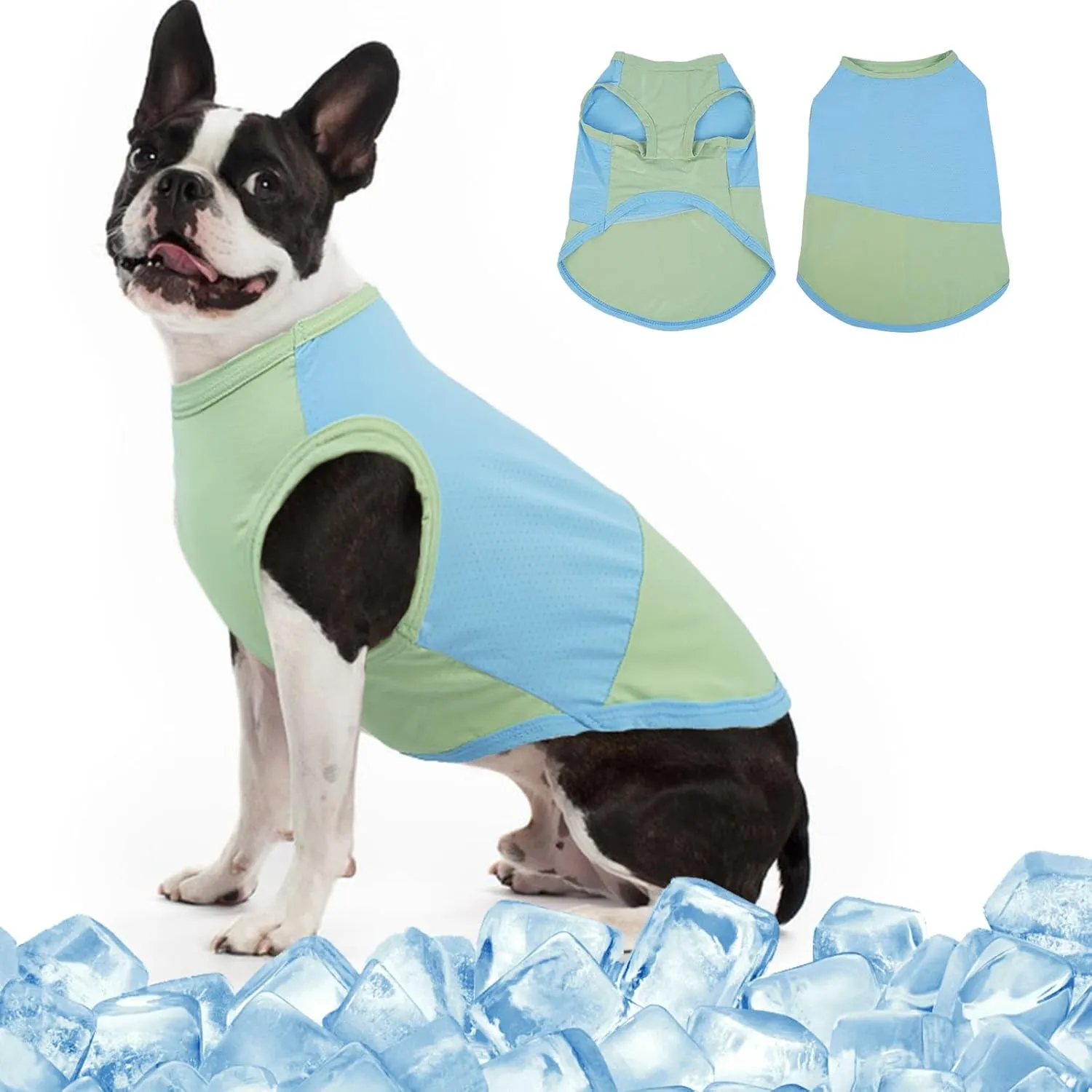 MIGOHI Dog Cooling Shirt, Lightweight Comfortable Clothes for Sensitive Skin, Breathable Dog Sleeveless Clothes, Walking, Park Play, French Bulldog, Green Blue