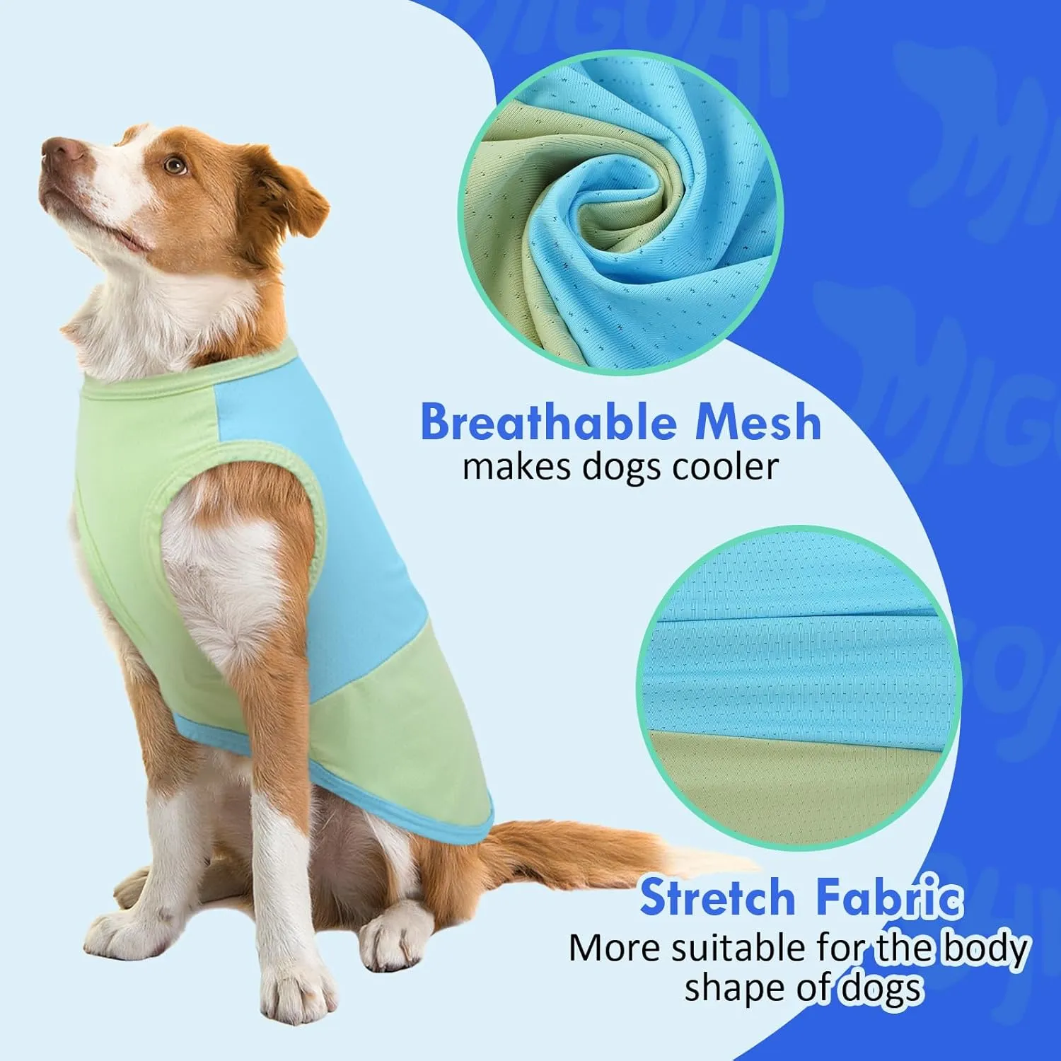 MIGOHI Dog Cooling Shirt, Lightweight Comfortable Clothes for Sensitive Skin, Breathable Dog Sleeveless Clothes, Walking, Park Play, French Bulldog, Green Blue