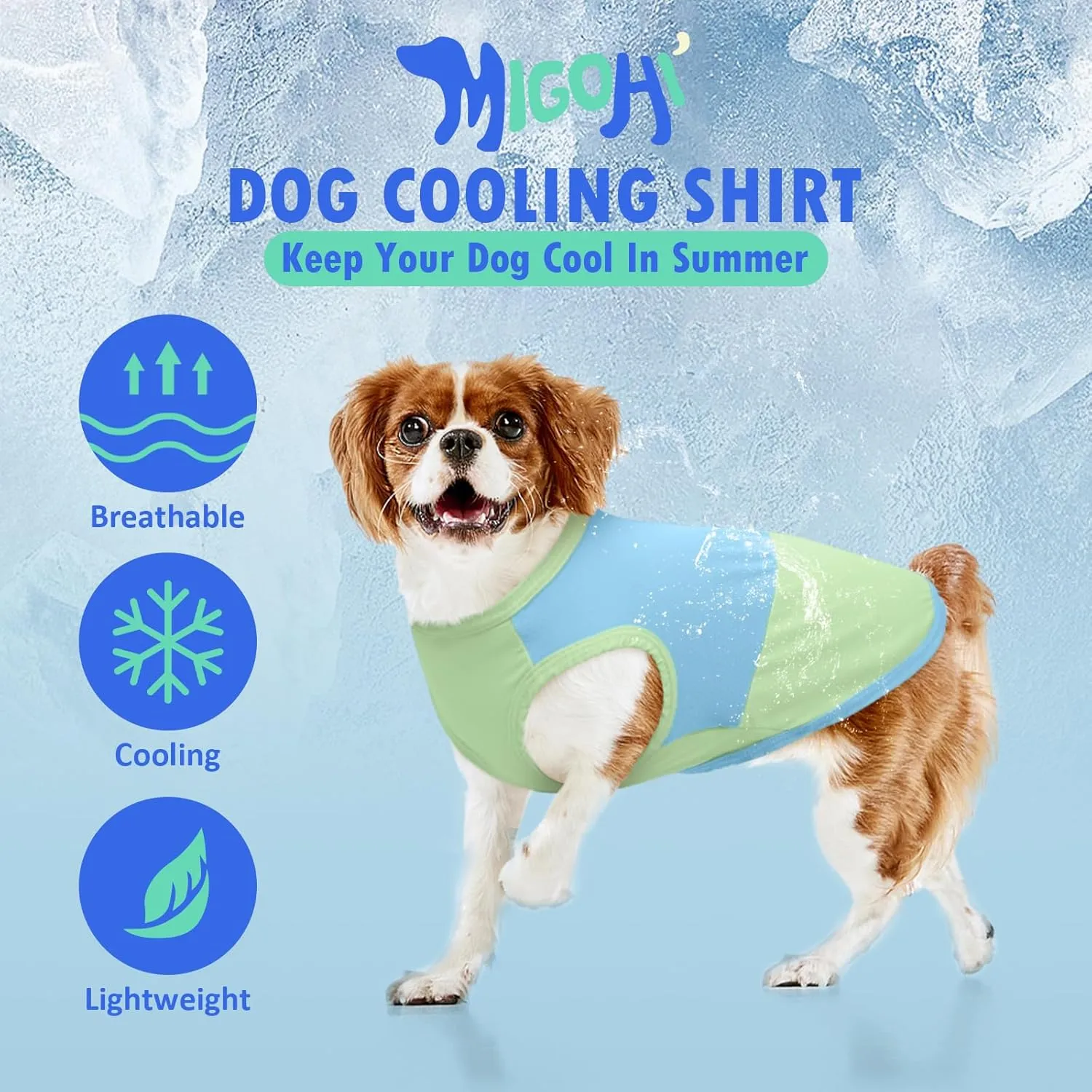MIGOHI Dog Cooling Shirt, Lightweight Comfortable Clothes for Sensitive Skin, Breathable Dog Sleeveless Clothes, Walking, Park Play, French Bulldog, Green Blue