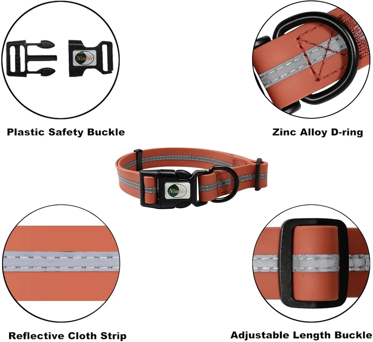 NIMBLE Dog Collar Waterproof Pet Collars Adjustable, Reflective, Durable Flex Poly Coated Nylon Basic Dog Collars 9 Colors in Size S/M/L (Medium (11.81-18.5inches), Apricot Brandy red)