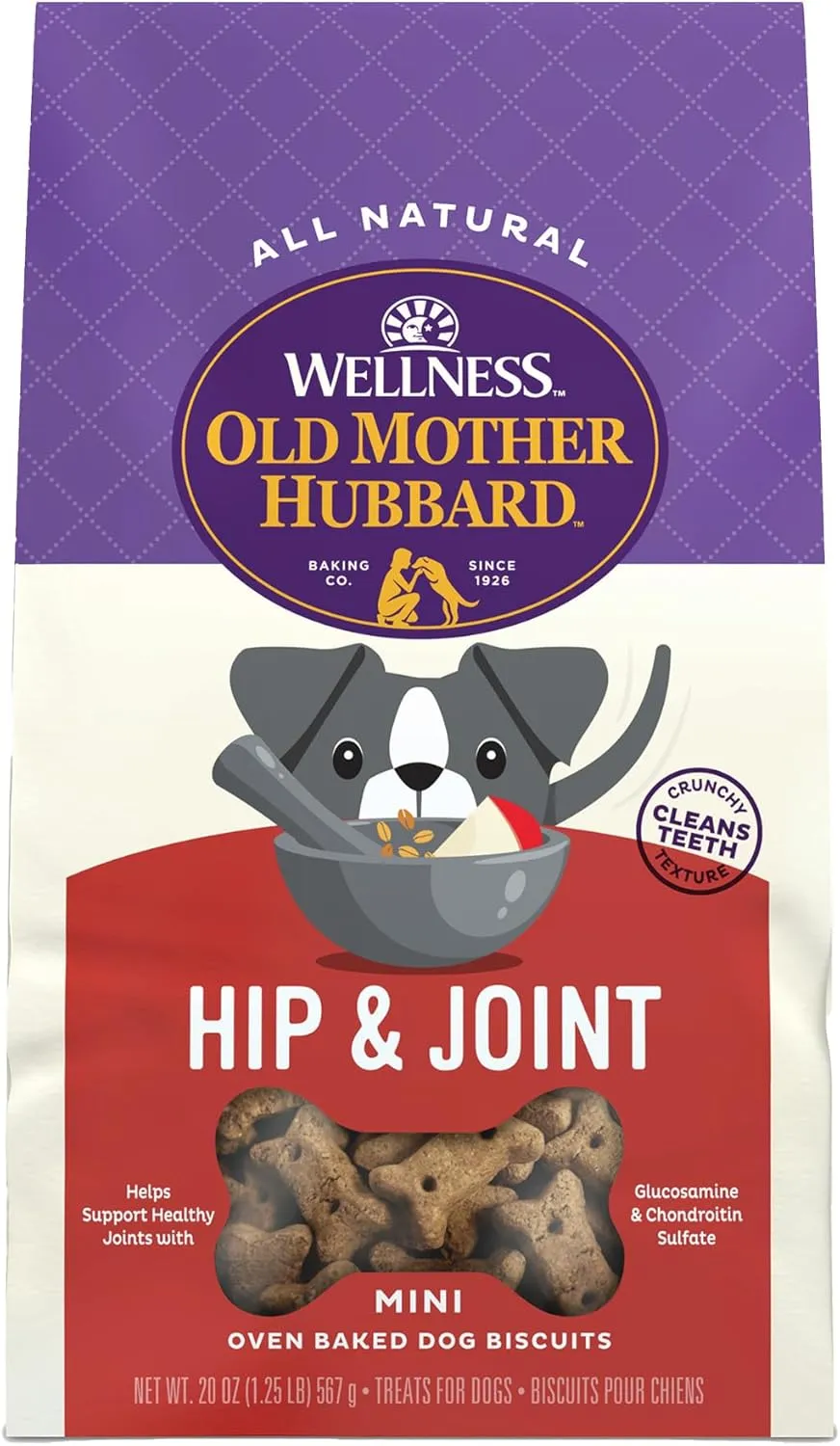 Old Mother Hubbard Wellness Hip & Joint Dog Biscuits, Natural, Training Treats, Chicken, Apples, Oats, and Carrots Flavor, Mini Size, (20 Ounce Bag)