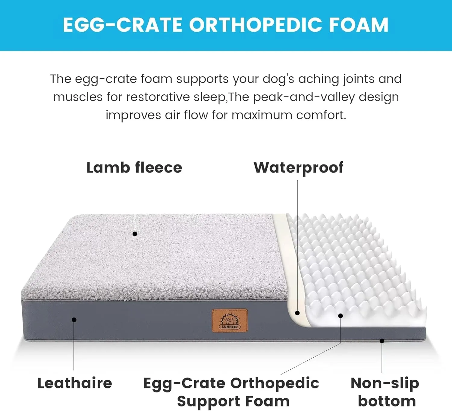 Orthopedic Dog Bed for Large Dogs, Removable Waterproof Cover and Egg-Crate Foam, Machine Washable (Grey, 24.0" L x 16.0" W x 3.0" Th)