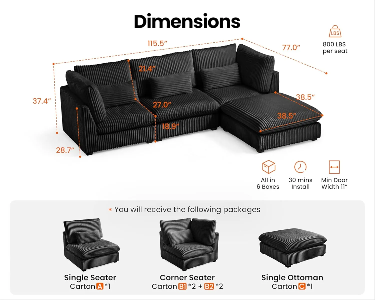 Oversized Modular Sofa, Extra Deep Cloud Corduroy Sectional Couch with Ottoman Chaise, Fluffy Chenille 4 Seat L-Shaped Sofa for Living Room, Villa (L Shape 4 Seater, Corduroy Black)