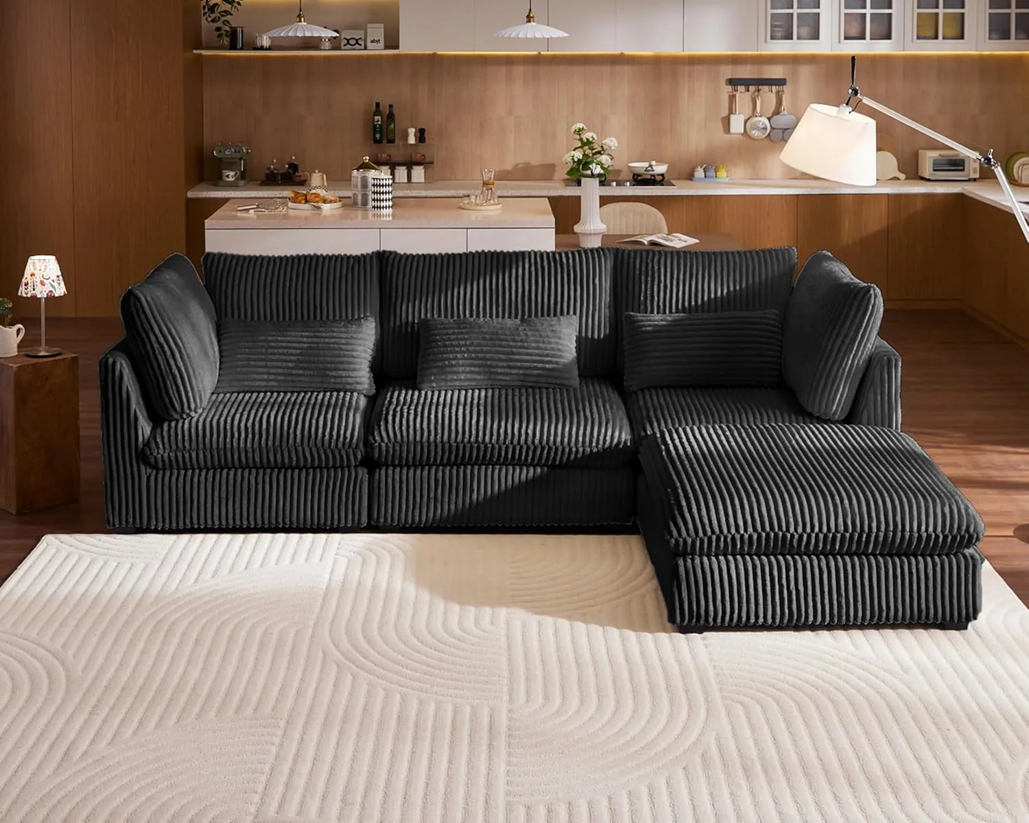 Oversized Modular Sofa, Extra Deep Cloud Corduroy Sectional Couch with Ottoman Chaise, Fluffy Chenille 4 Seat L-Shaped Sofa for Living Room, Villa (L Shape 4 Seater, Corduroy Black)