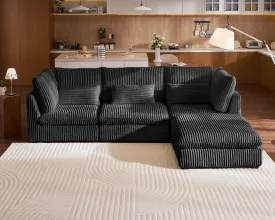 Oversized Modular Sofa, Extra Deep Cloud Corduroy Sectional Couch with Ottoman Chaise, Fluffy Chenille 4 Seat L-Shaped Sofa for Living Room, Villa (L Shape 4 Seater, Corduroy Black)
