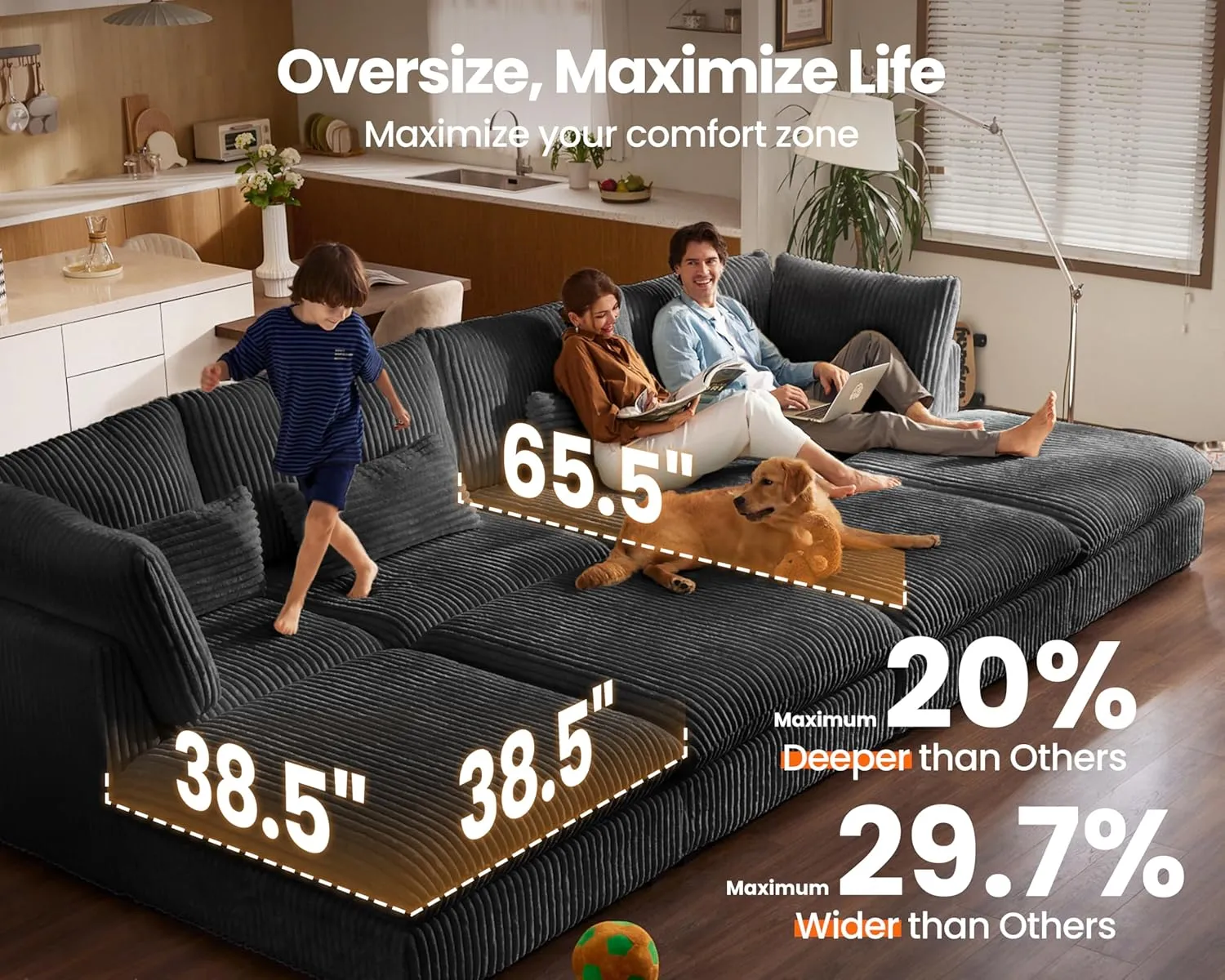 Oversized Modular Sofa, Extra Deep Cloud Corduroy Sectional Couch with Ottoman Chaise, Fluffy Chenille 4 Seat L-Shaped Sofa for Living Room, Villa (L Shape 4 Seater, Corduroy Black)