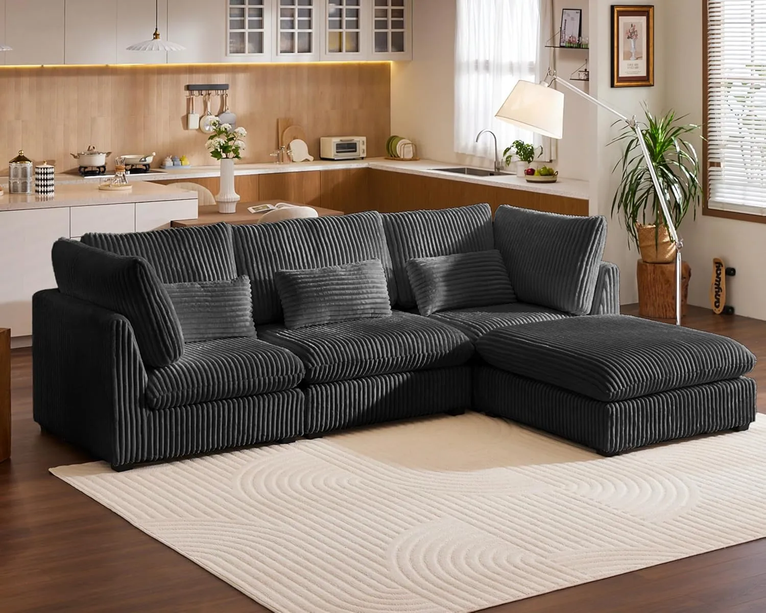 Oversized Modular Sofa, Extra Deep Cloud Corduroy Sectional Couch with Ottoman Chaise, Fluffy Chenille 4 Seat L-Shaped Sofa for Living Room, Villa (L Shape 4 Seater, Corduroy Black)